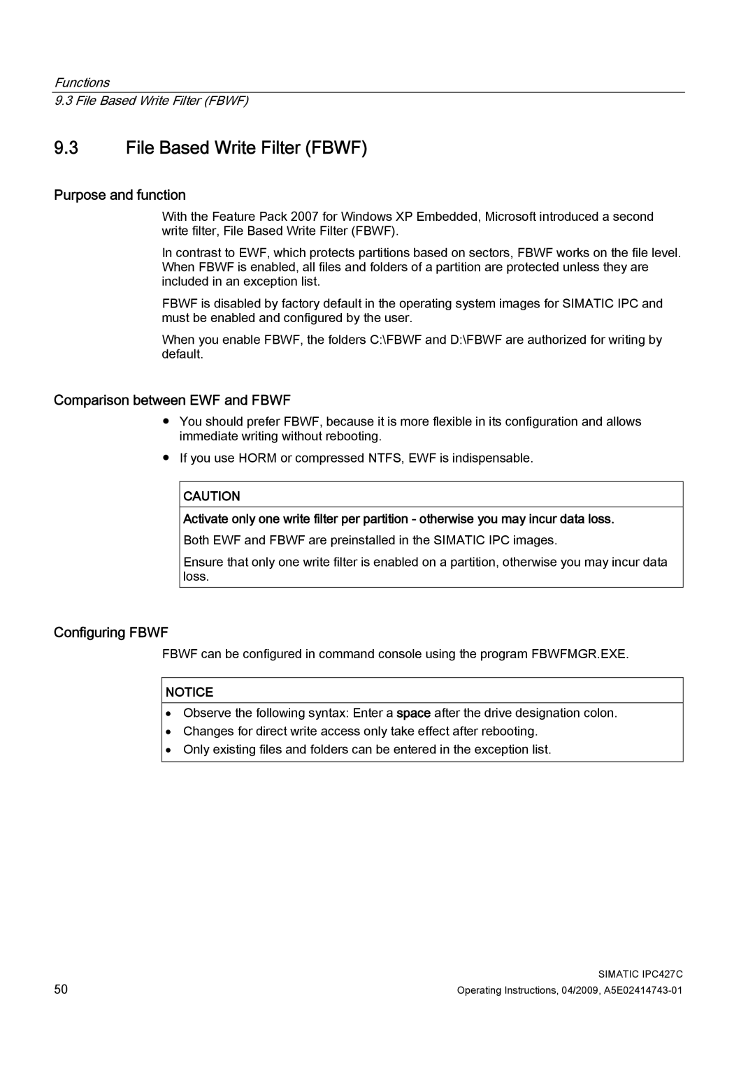 Siemens IPC427C manual File Based Write Filter Fbwf, Comparison between EWF and Fbwf, Configuring Fbwf 