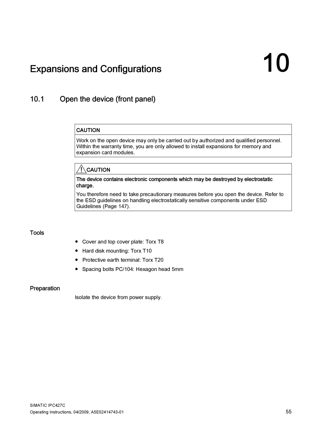 Siemens IPC427C manual Expansions and Configurations, Open the device front panel, Tools, Preparation 