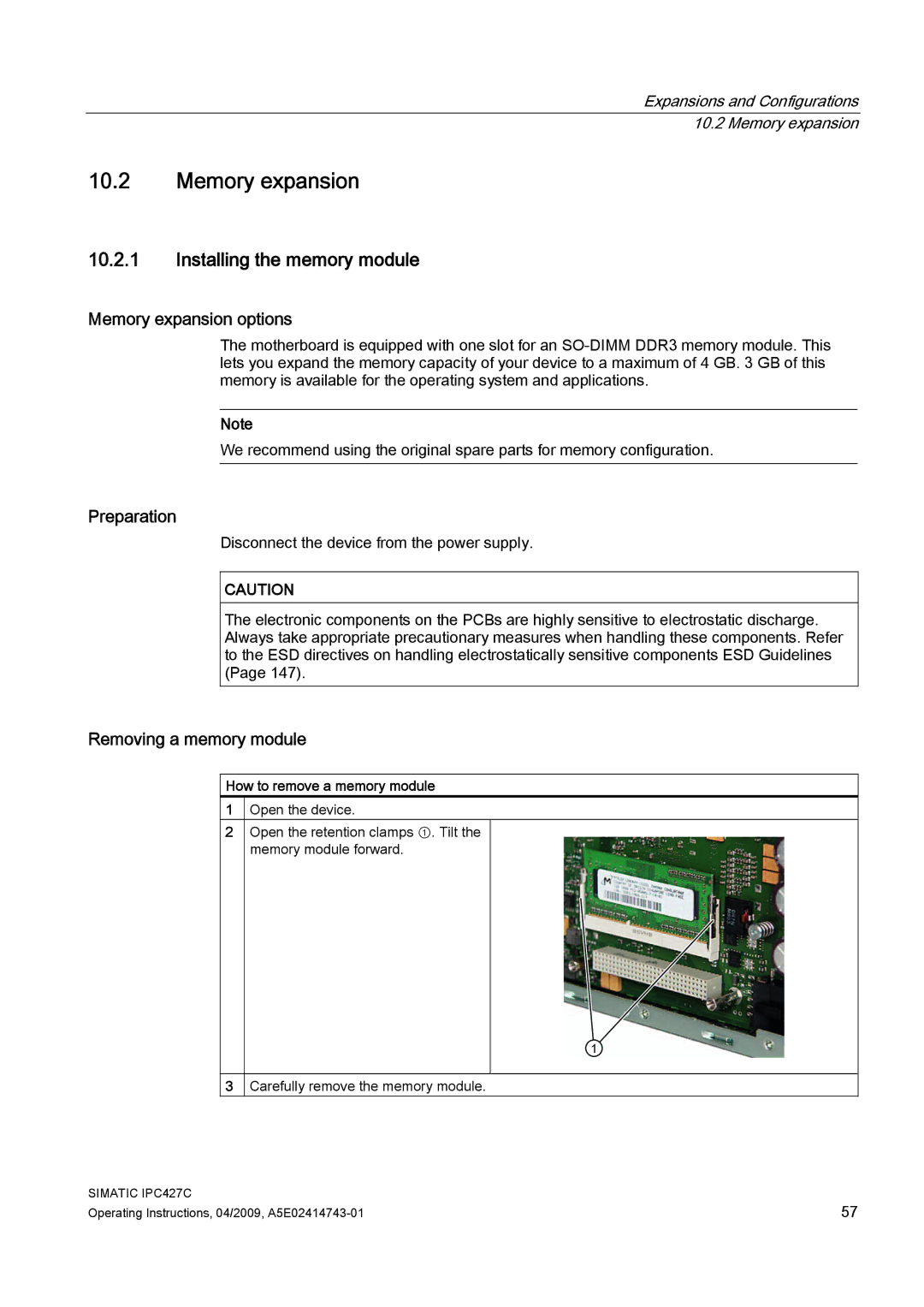 Siemens IPC427C manual Installing the memory module, Memory expansion options, Removing a memory module 