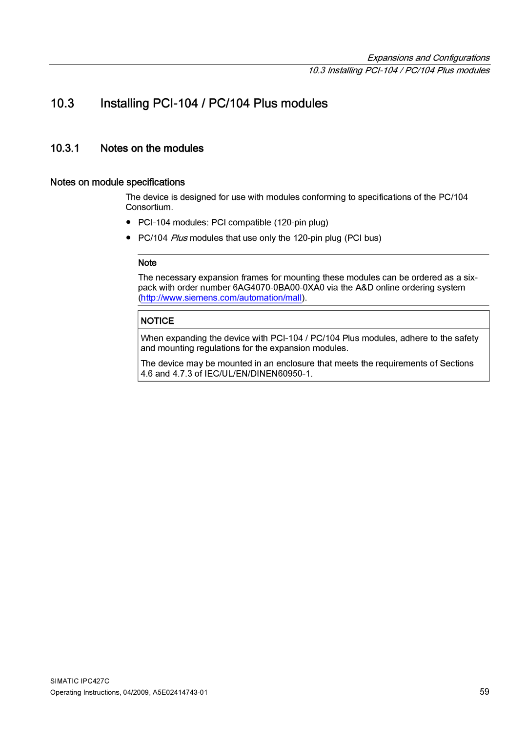 Siemens IPC427C manual Installing PCI-104 / PC/104 Plus modules 