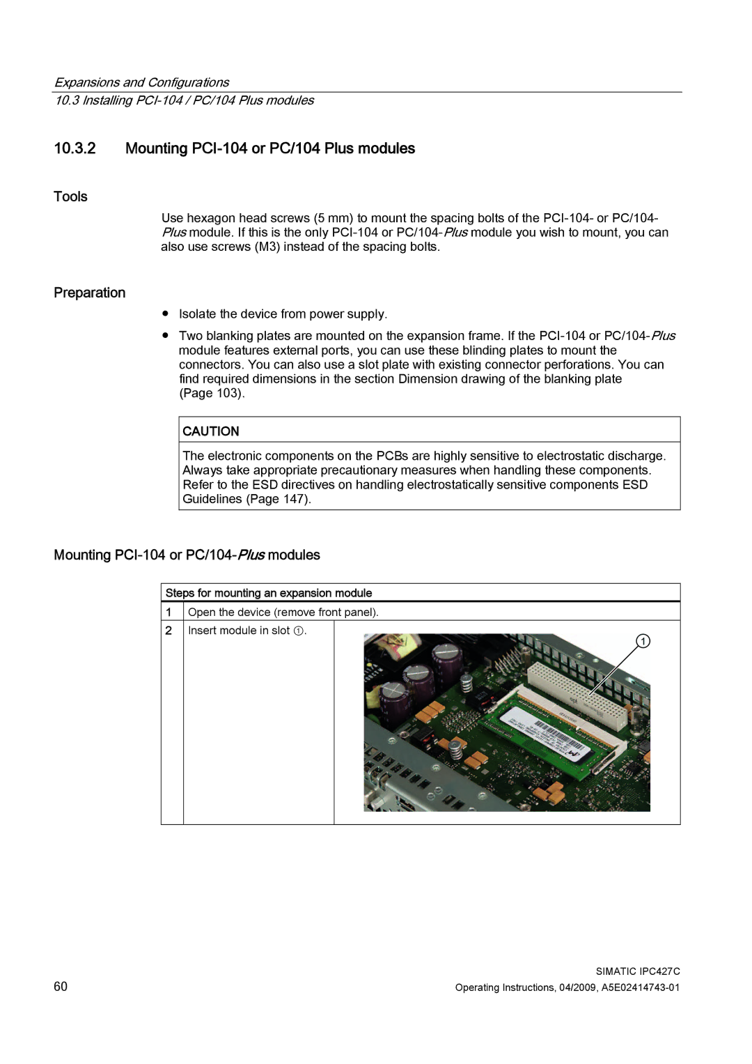 Siemens IPC427C manual Mounting PCI-104 or PC/104 Plus modules, Mounting PCI-104 or PC/104-Plusmodules 