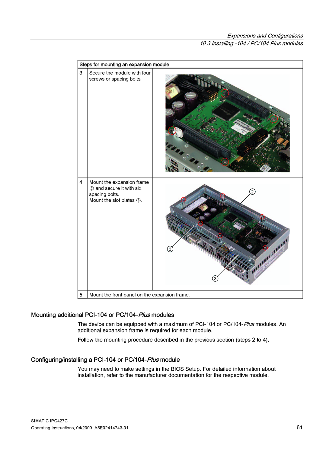 Siemens IPC427C Mounting additional PCI-104 or PC/104-Plusmodules, Configuring/installing a PCI-104 or PC/104-Plusmodule 