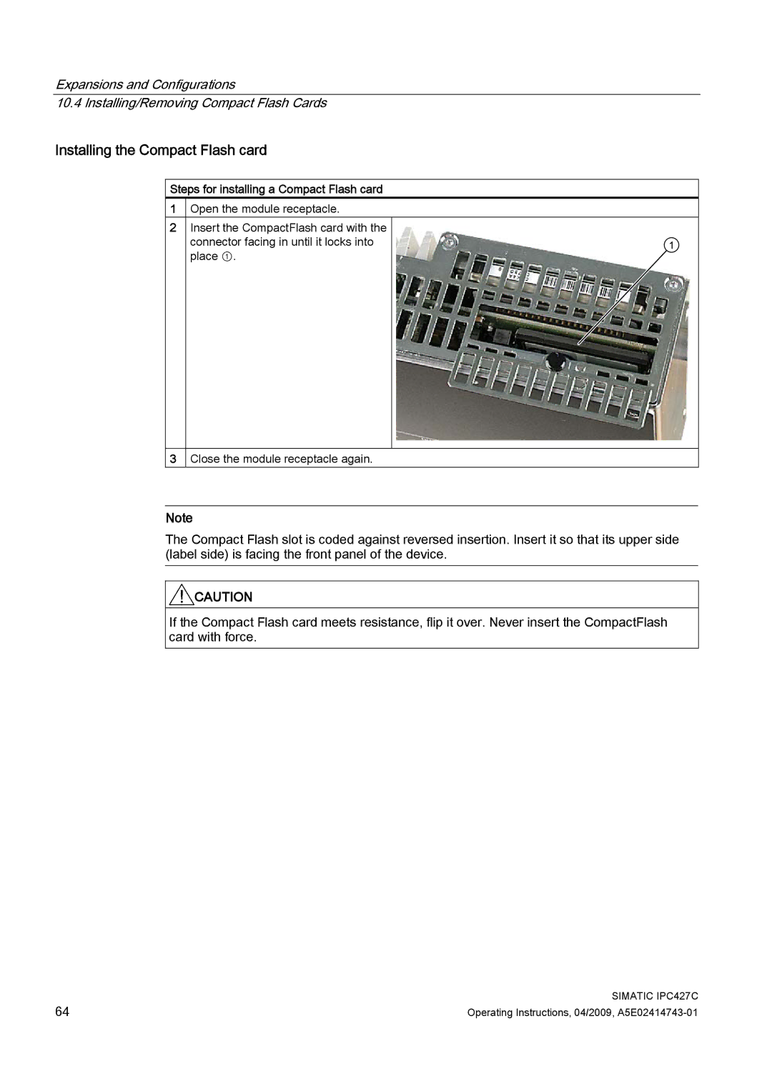 Siemens IPC427C manual Installing the Compact Flash card, Steps for installing a Compact Flash card 