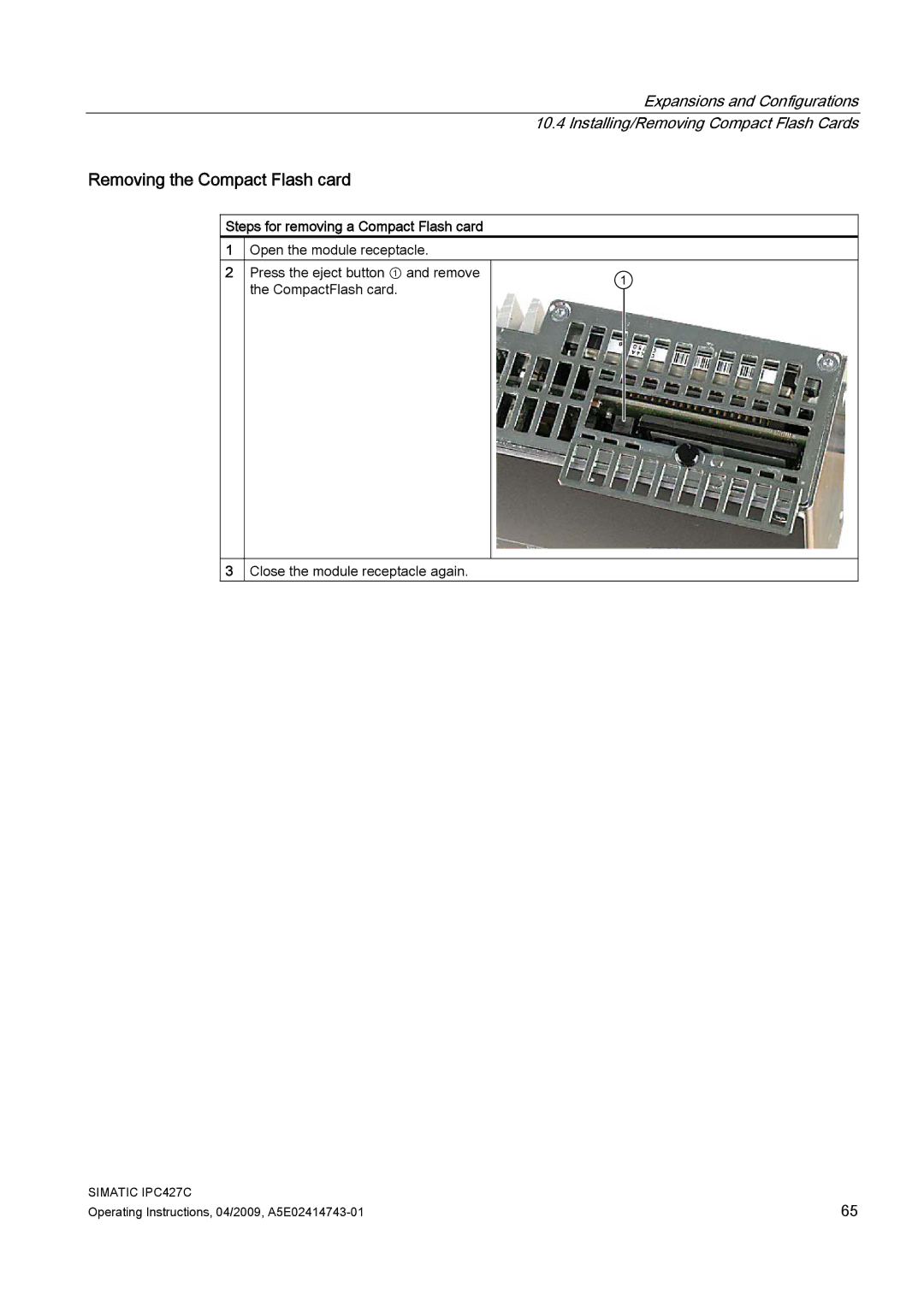 Siemens IPC427C manual Removing the Compact Flash card, Steps for removing a Compact Flash card 