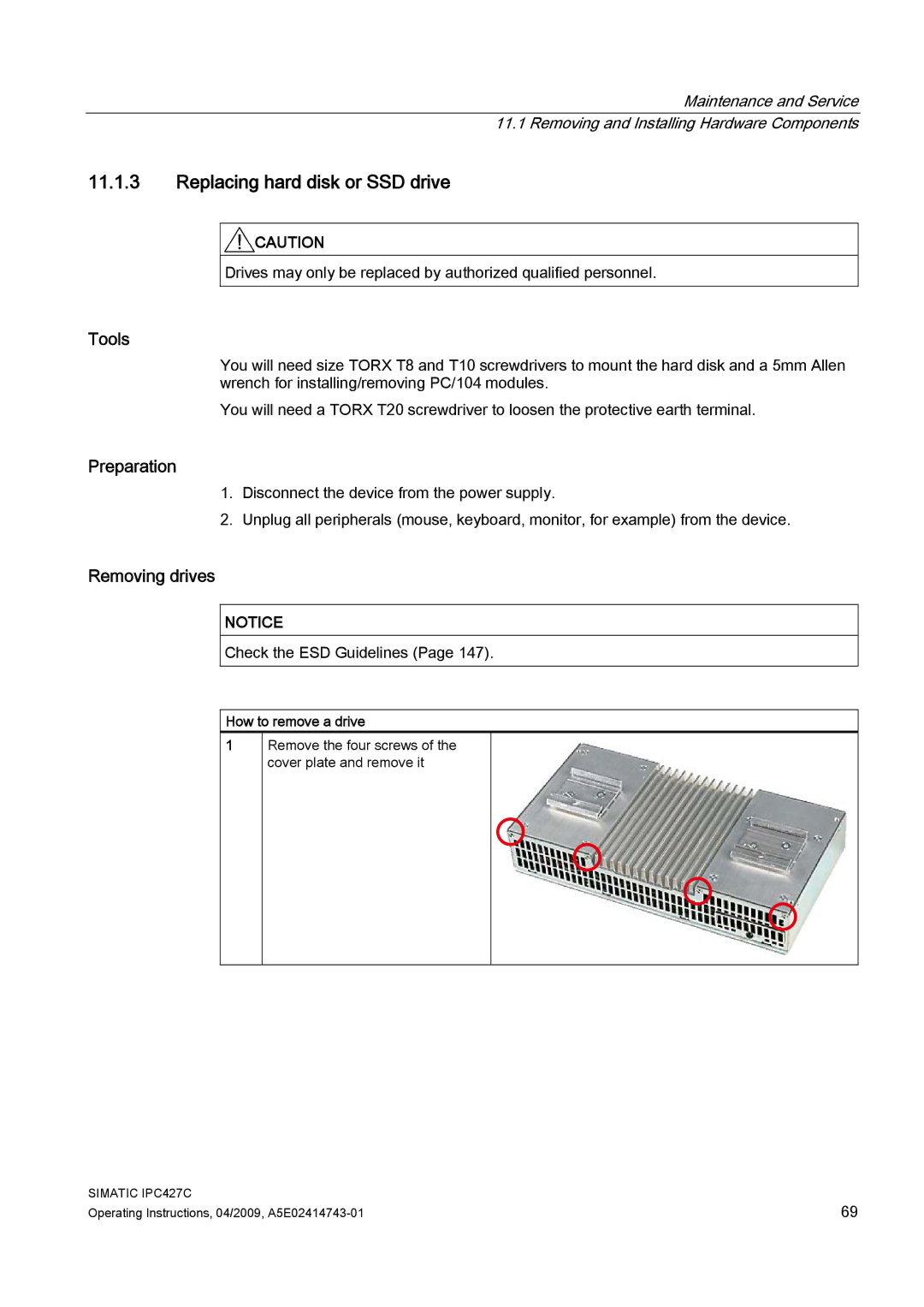 Siemens IPC427C manual Replacing hard disk or SSD drive, Removing drives, How to remove a drive 