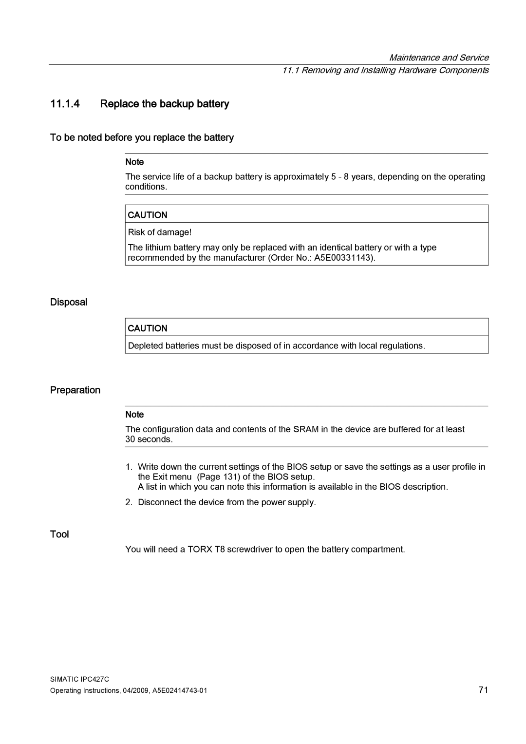 Siemens IPC427C manual Replace the backup battery, To be noted before you replace the battery, Disposal, Tool 