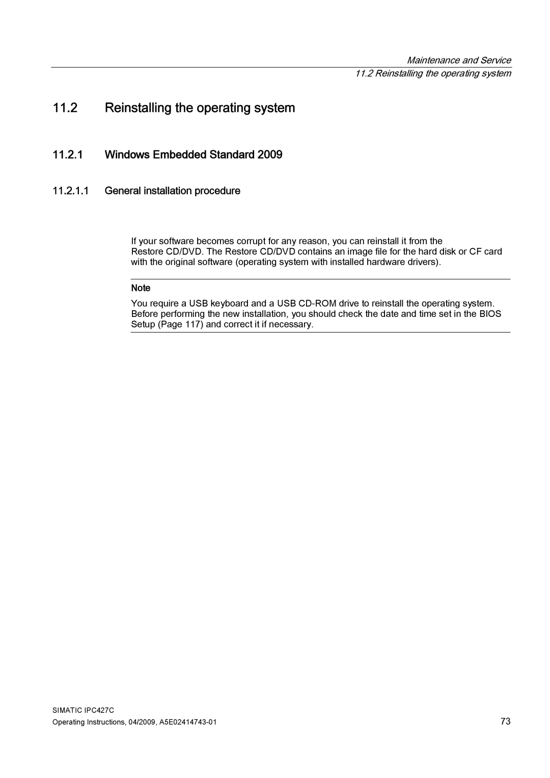 Siemens IPC427C manual Reinstalling the operating system, Windows Embedded Standard, General installation procedure 