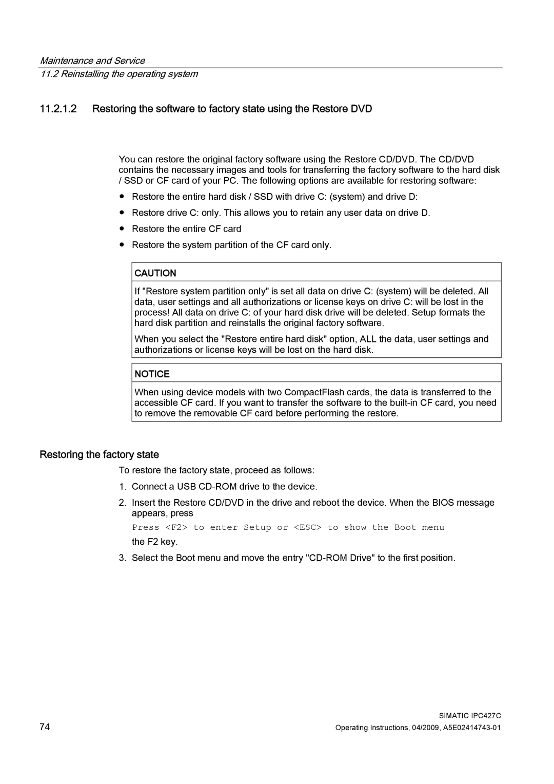 Siemens IPC427C manual Restoring the factory state 