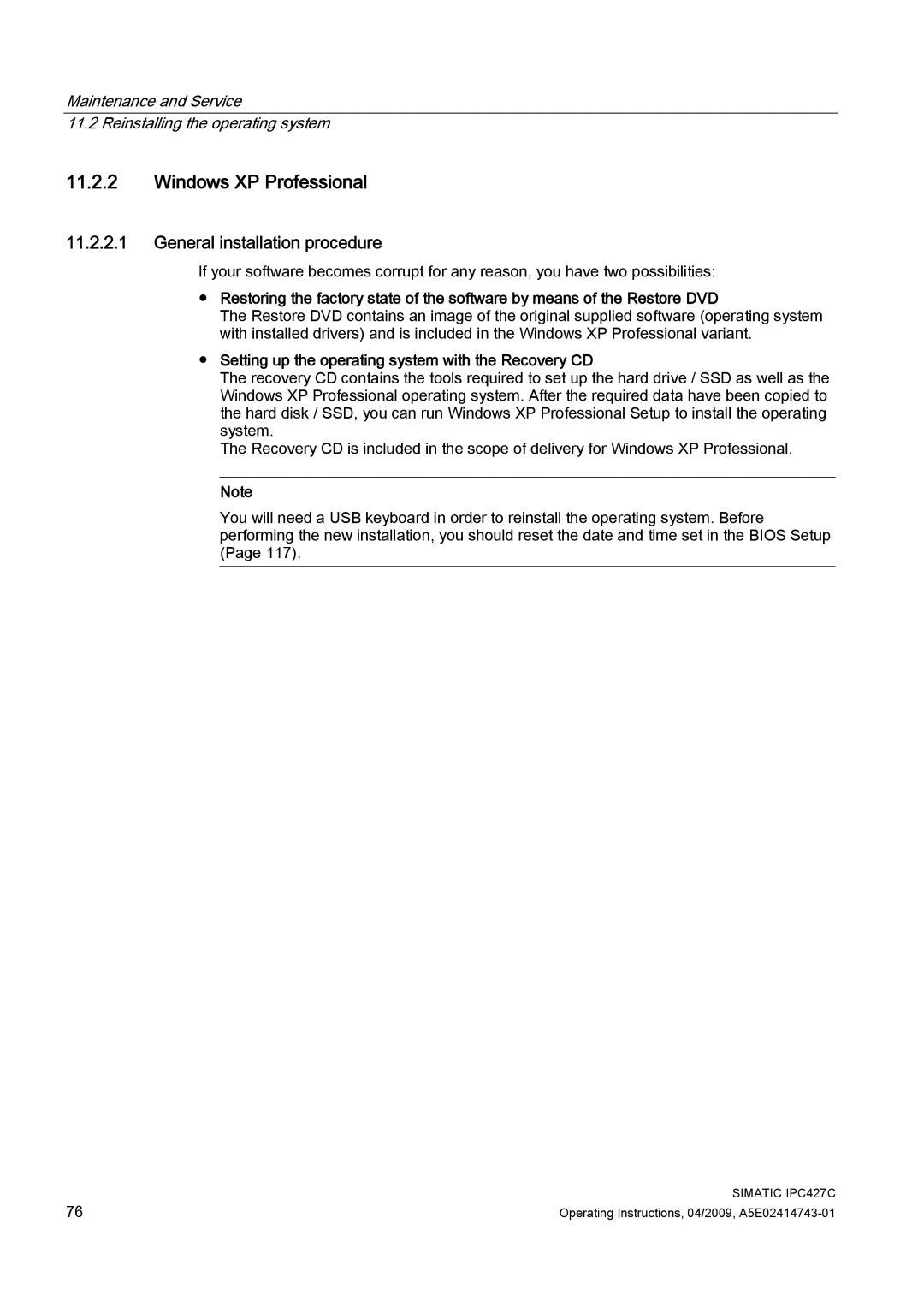 Siemens IPC427C manual Windows XP Professional, Setting up the operating system with the Recovery CD 