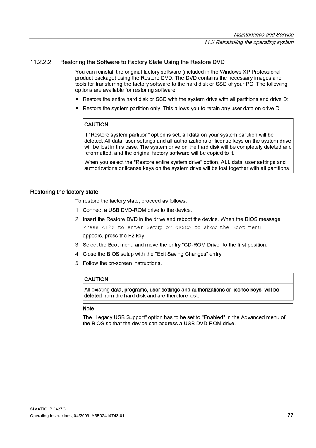 Siemens IPC427C manual Restoring the factory state 