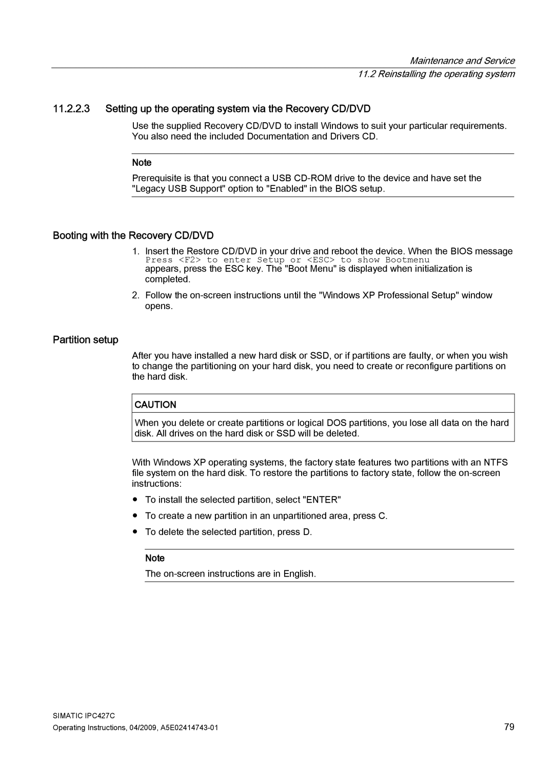 Siemens IPC427C Setting up the operating system via the Recovery CD/DVD, Booting with the Recovery CD/DVD, Partition setup 