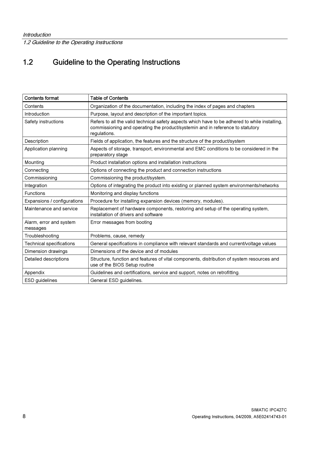 Siemens IPC427C manual Guideline to the Operating Instructions, Contents format Table of Contents 