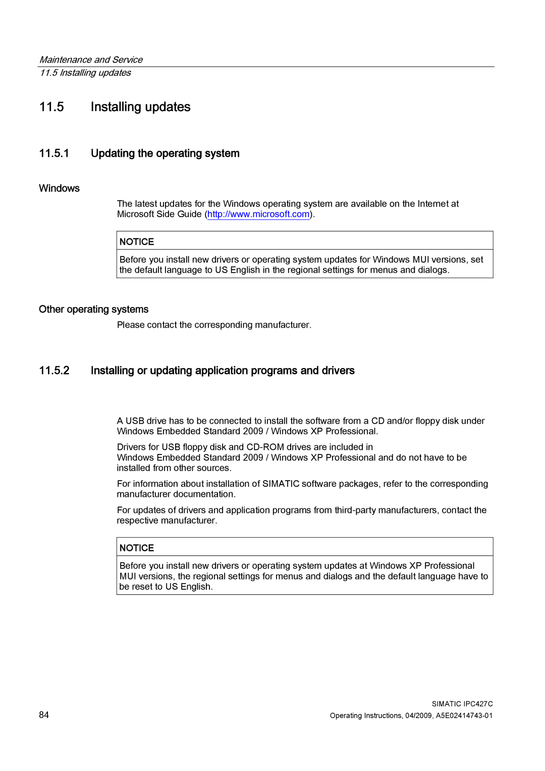 Siemens IPC427C Installing updates, Updating the operating system, Installing or updating application programs and drivers 