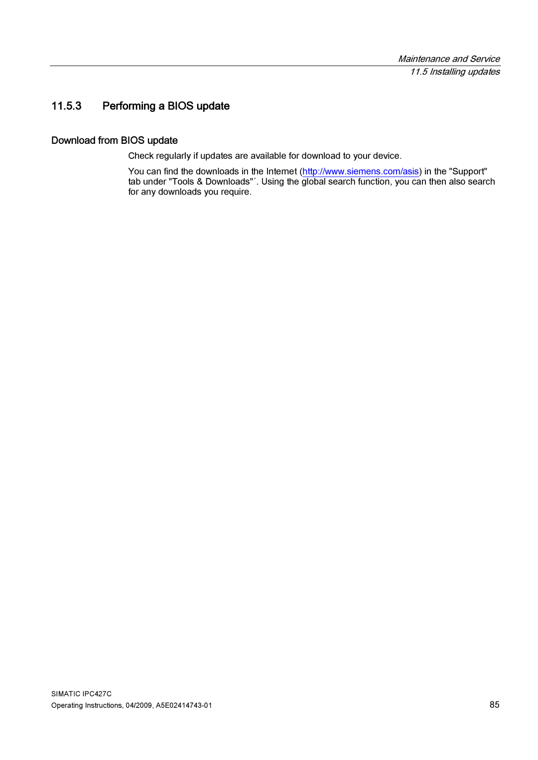 Siemens IPC427C manual Performing a Bios update, Download from Bios update 