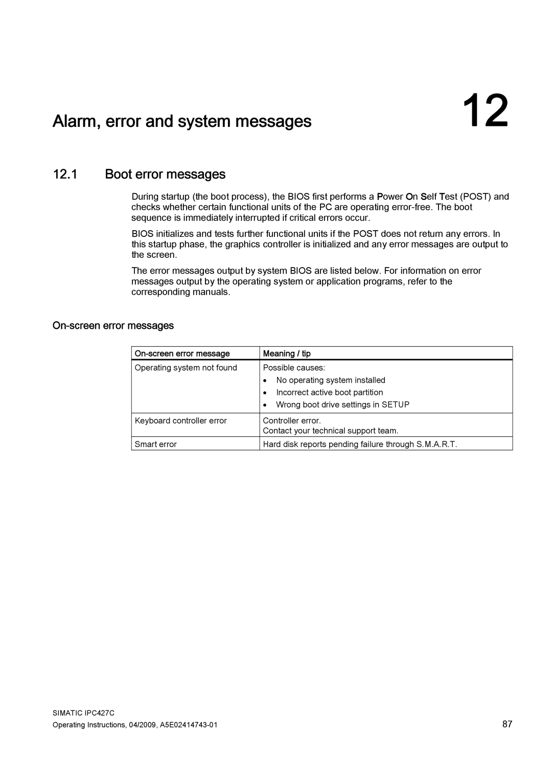 Siemens IPC427C manual Alarm, error and system messages, Boot error messages, On-screen error messages 