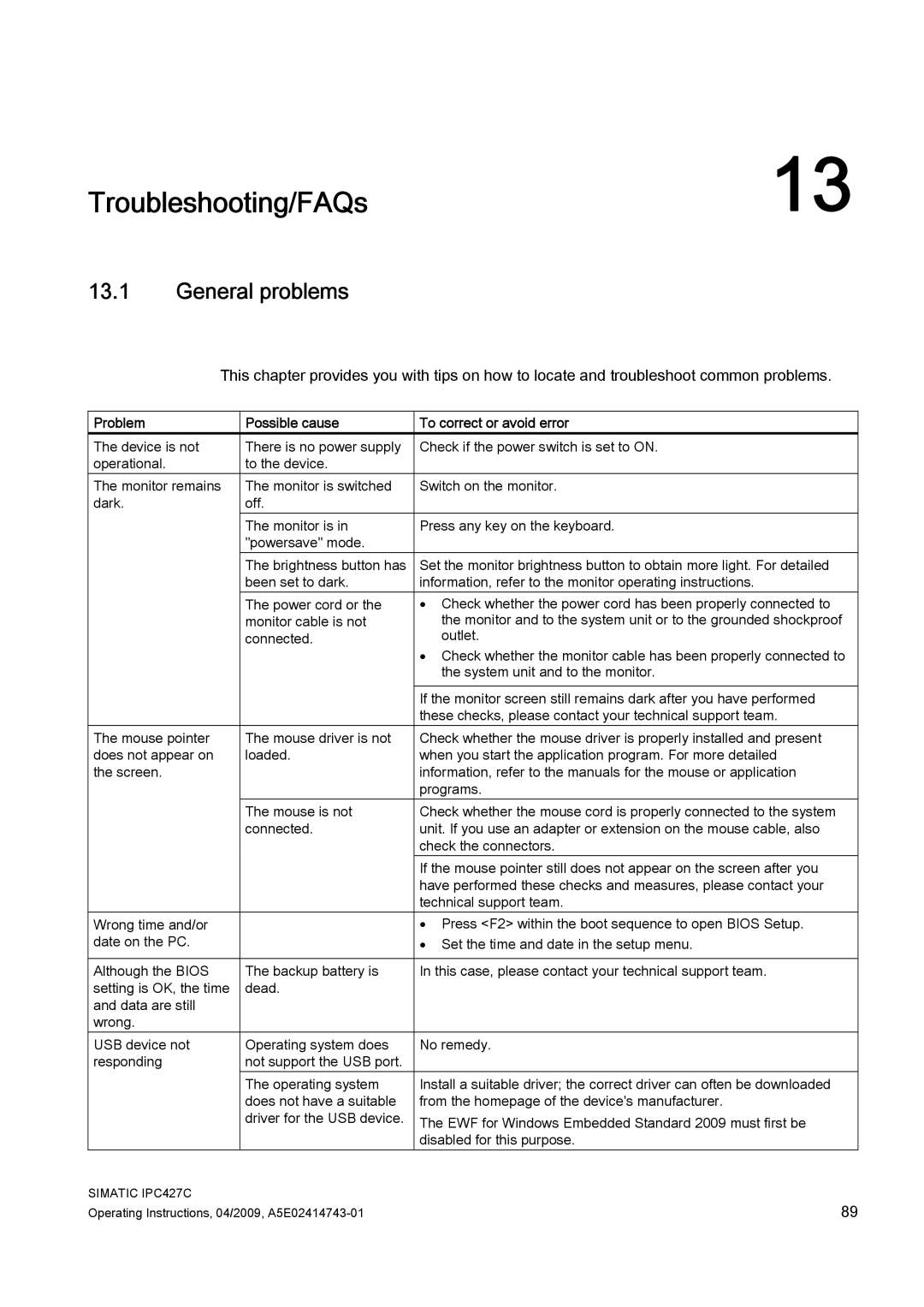 Siemens IPC427C manual Troubleshooting/FAQs, General problems, Problem Possible cause To correct or avoid error 