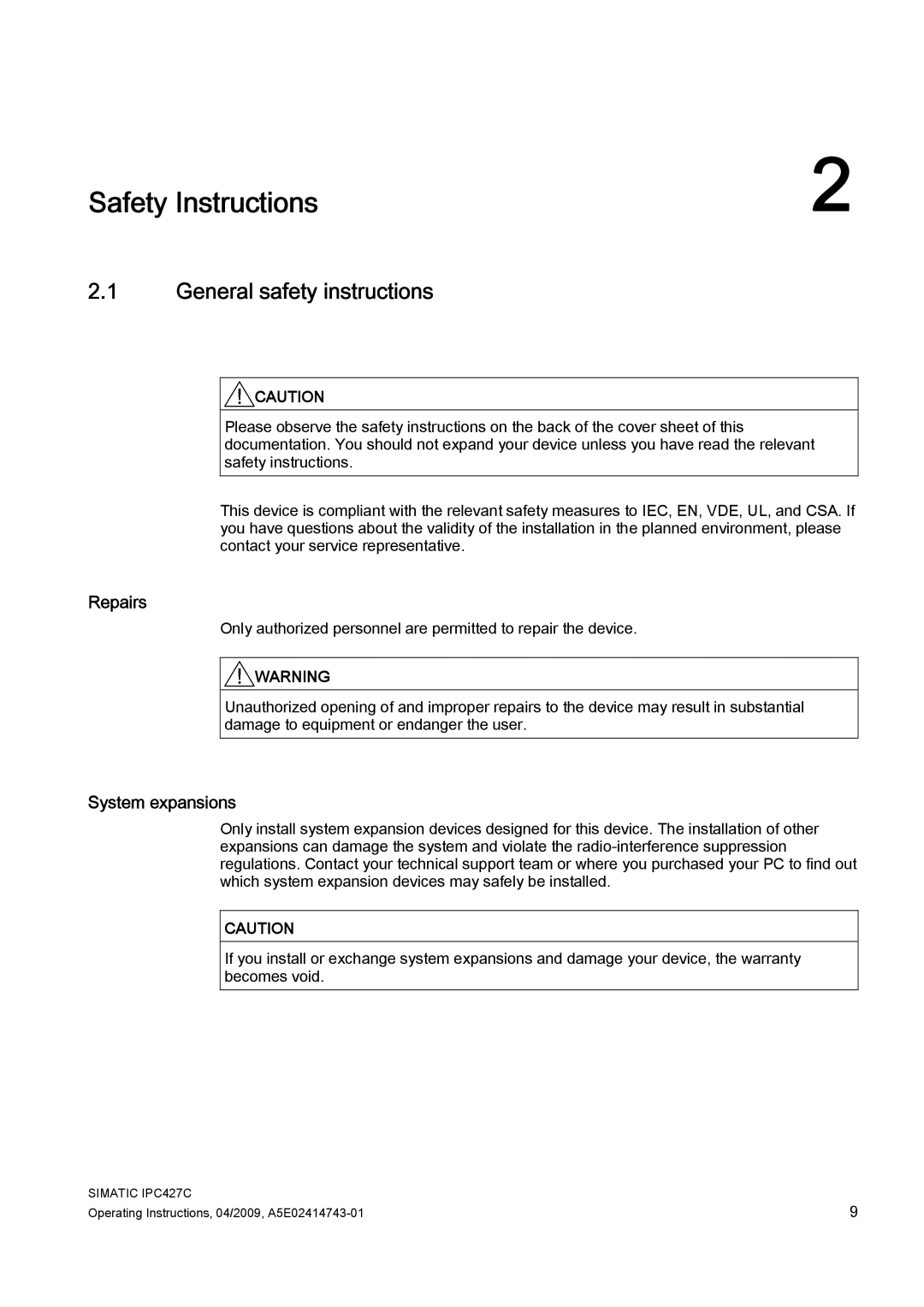 Siemens IPC427C manual Safety Instructions, General safety instructions, Repairs, System expansions 