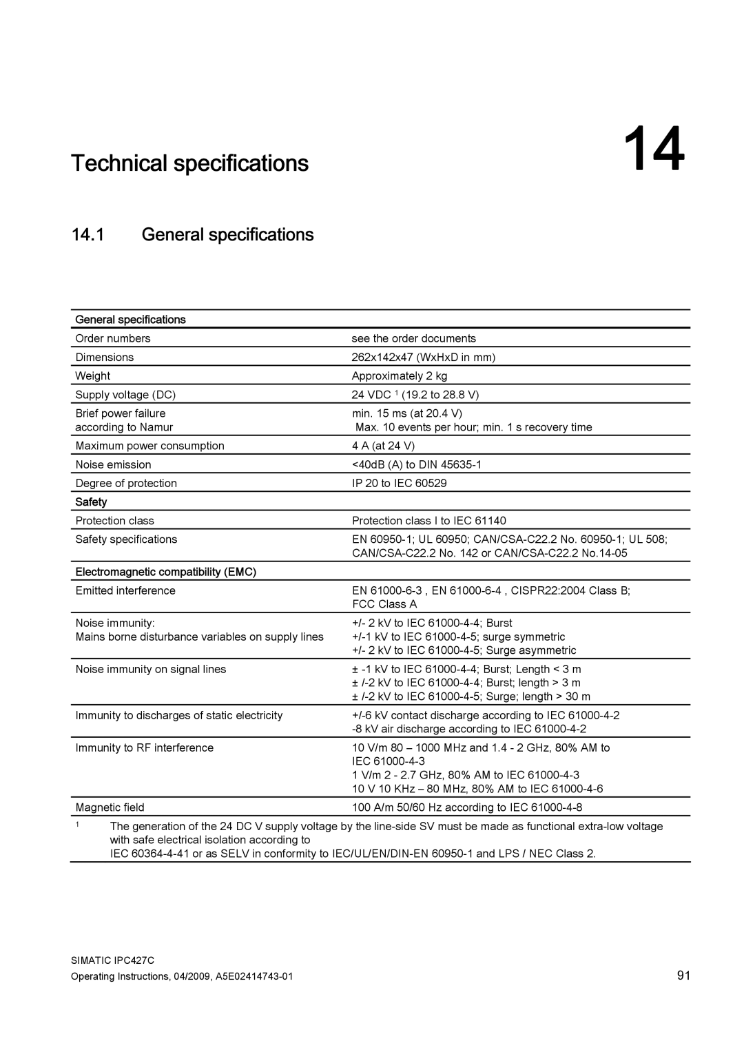 Siemens IPC427C manual Technical specifications, General specifications, Safety, Electromagnetic compatibility EMC 