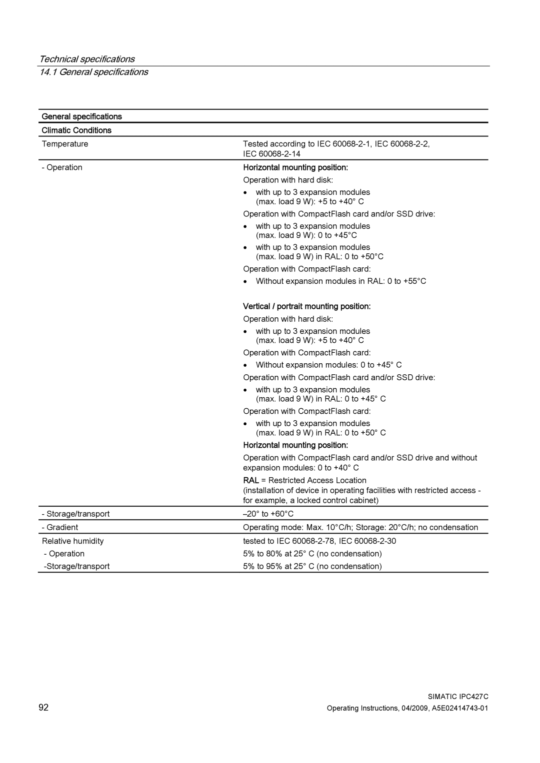 Siemens IPC427C manual General specifications Climatic Conditions, Horizontal mounting position 