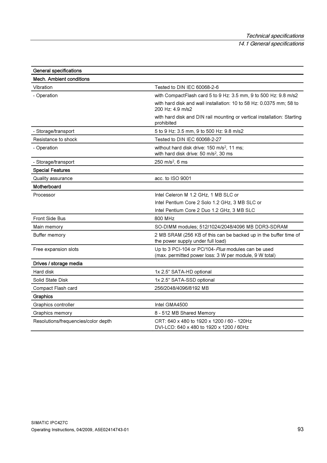 Siemens IPC427C General specifications Mech. Ambient conditions, Special Features, Motherboard, Drives / storage media 