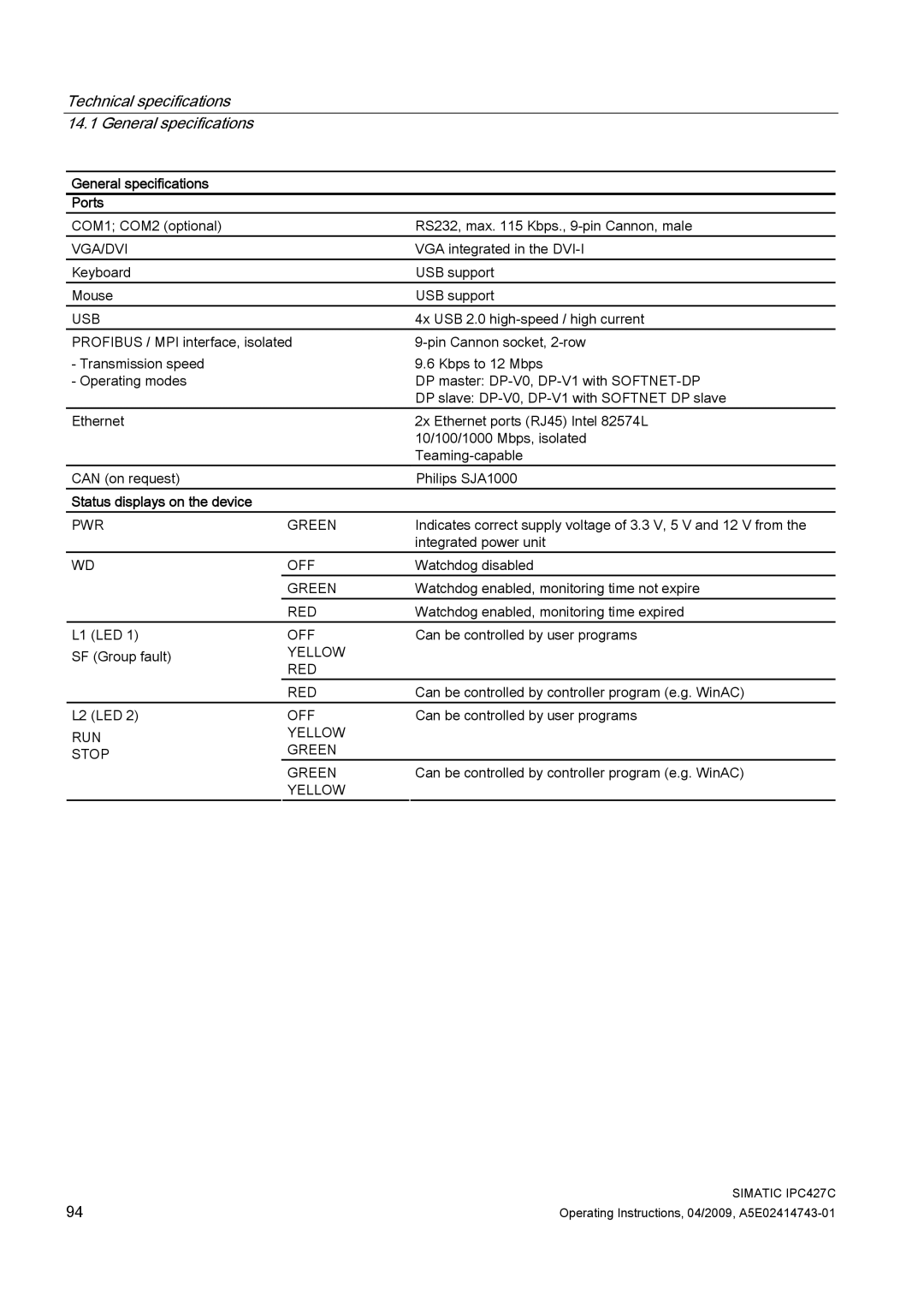 Siemens IPC427C manual General specifications Ports, Status displays on the device 