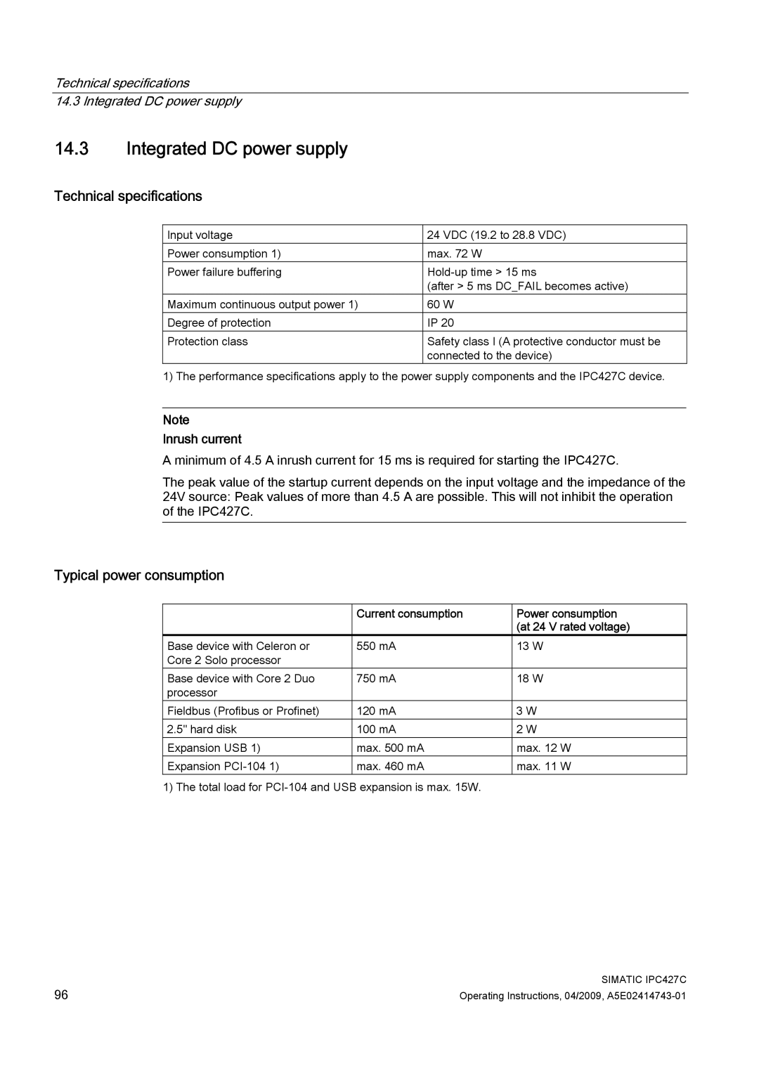 Siemens IPC427C manual Integrated DC power supply, Technical specifications, Typical power consumption 