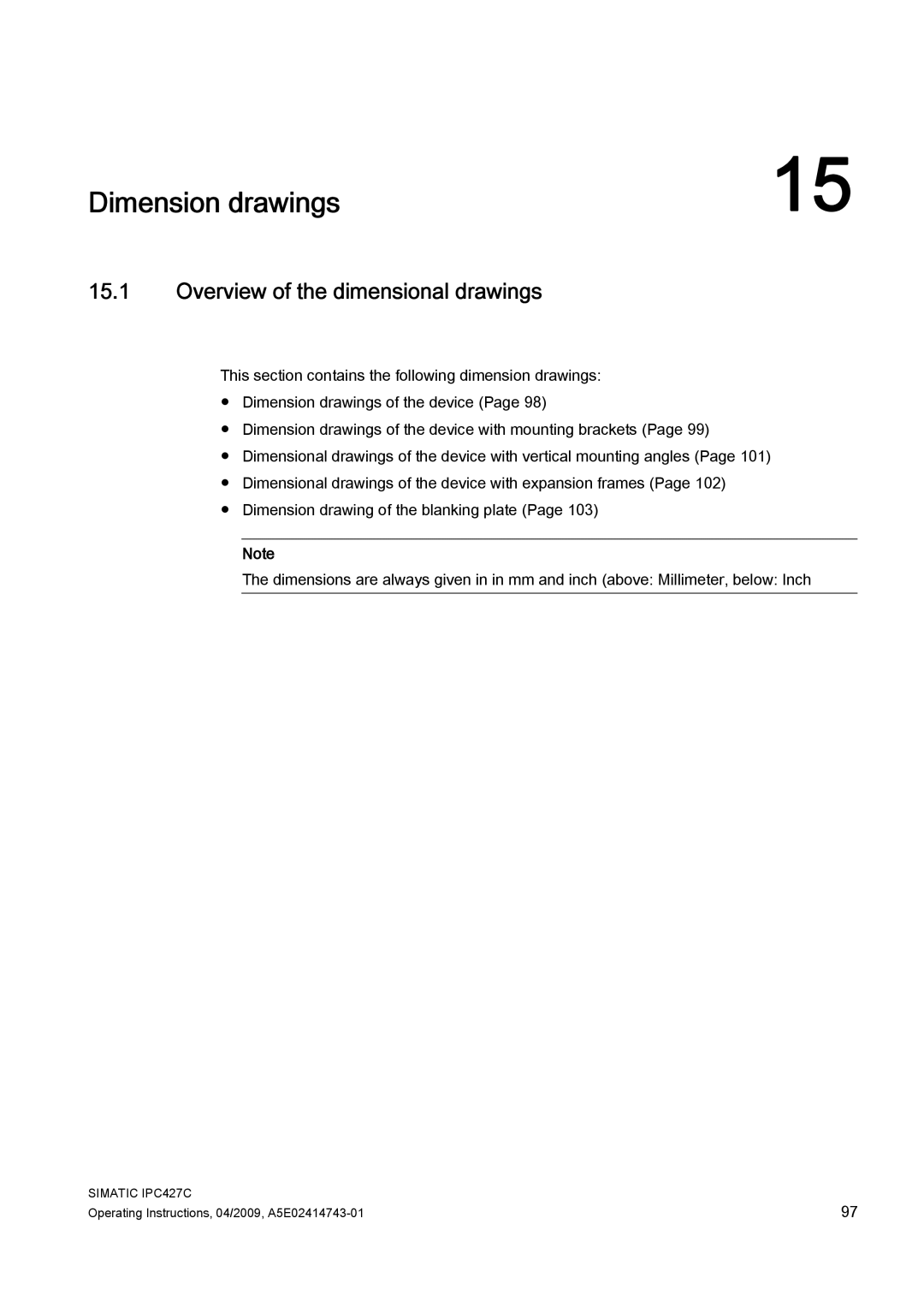 Siemens IPC427C manual Dimension drawings, Overview of the dimensional drawings 