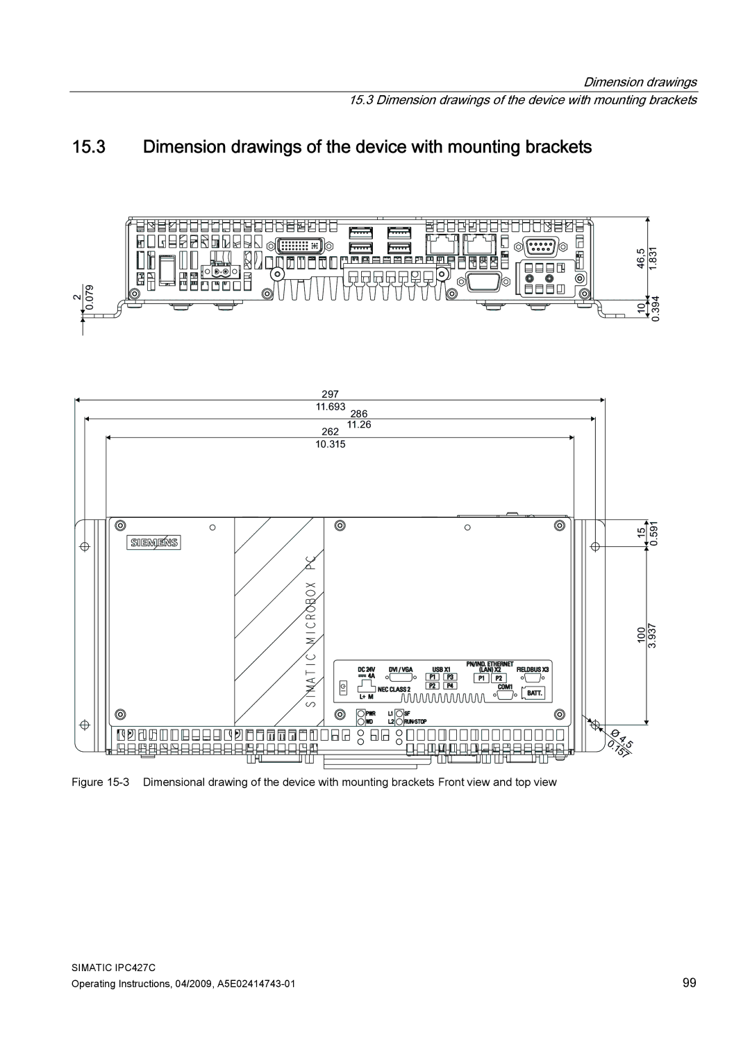 Siemens IPC427C manual Dimension drawings of the device with mounting brackets 