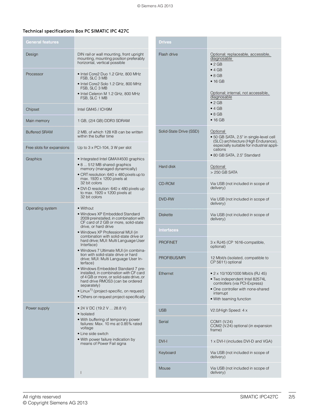 Siemens IPC427C manual General features, Drives, Interfaces 