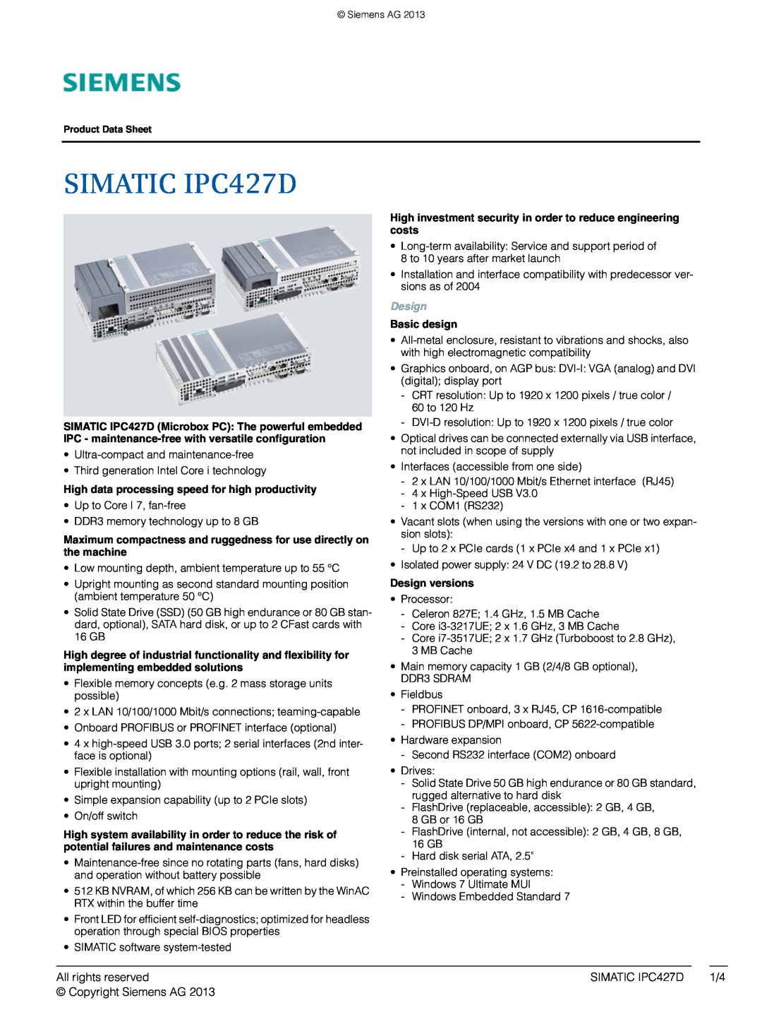Siemens manual All rights reserved, SIMATIC IPC427D, Copyright Siemens AG, Basic design, Design versions 
