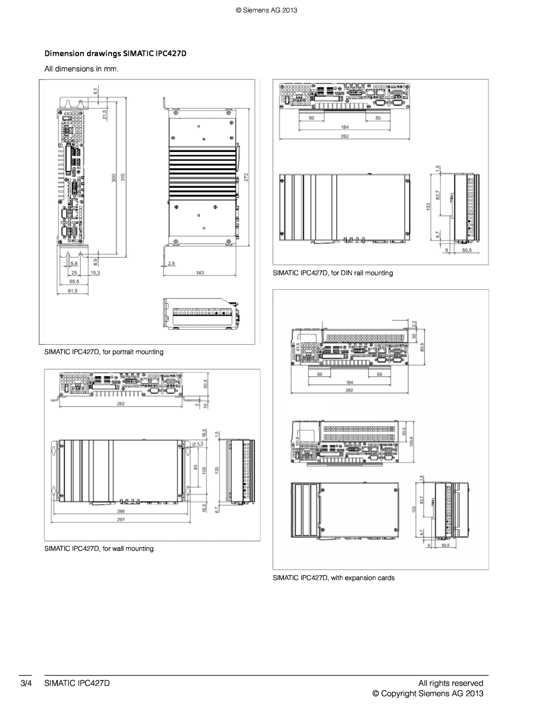 Siemens manual Dimension drawings SIMATIC IPC427D, 3/4 SIMATIC IPC427D, All rights reserved, All dimensions in mm 