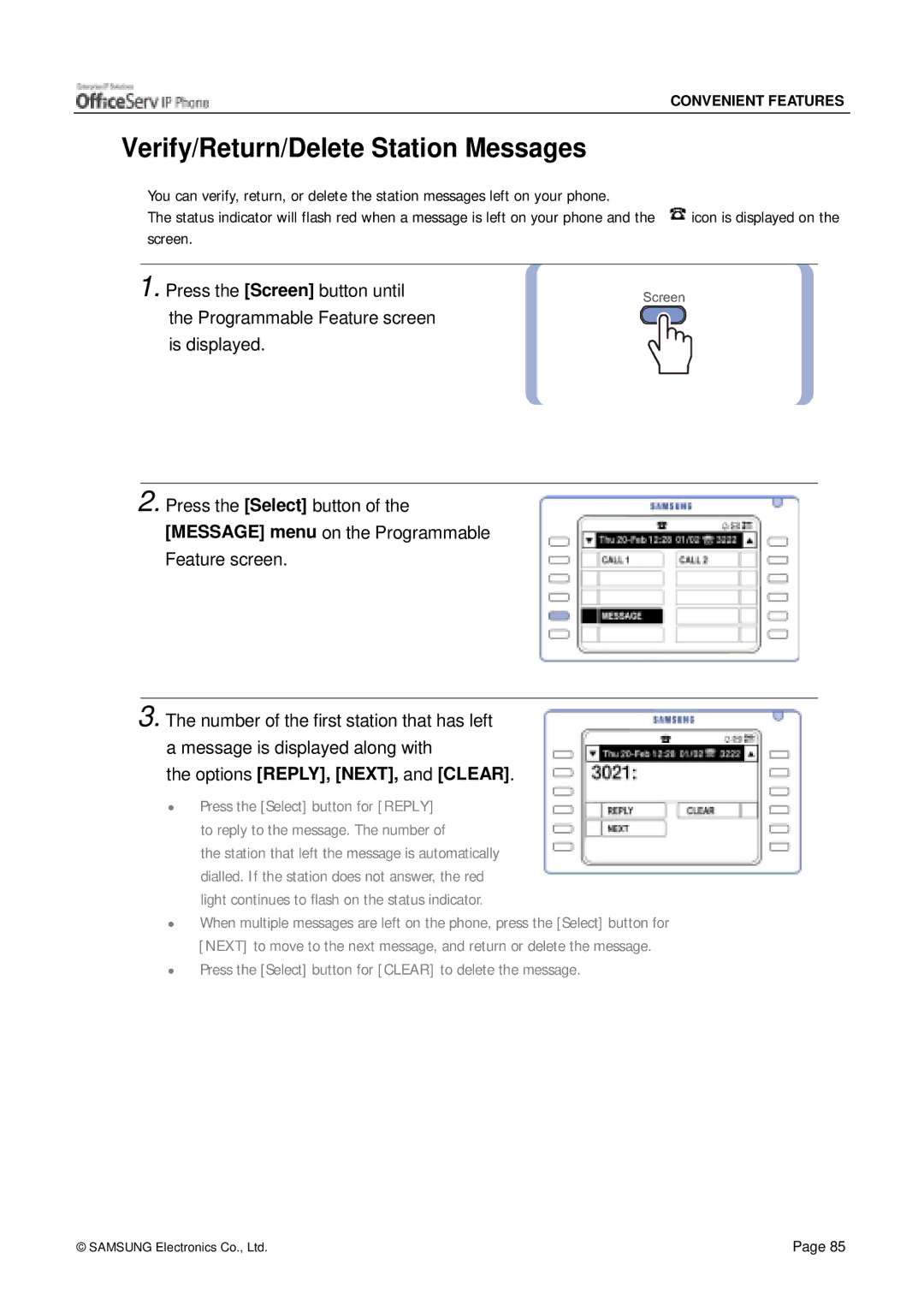 Siemens ITP-5012L manual Verify/Return/Delete Station Messages, Options REPLY, NEXT, and Clear 