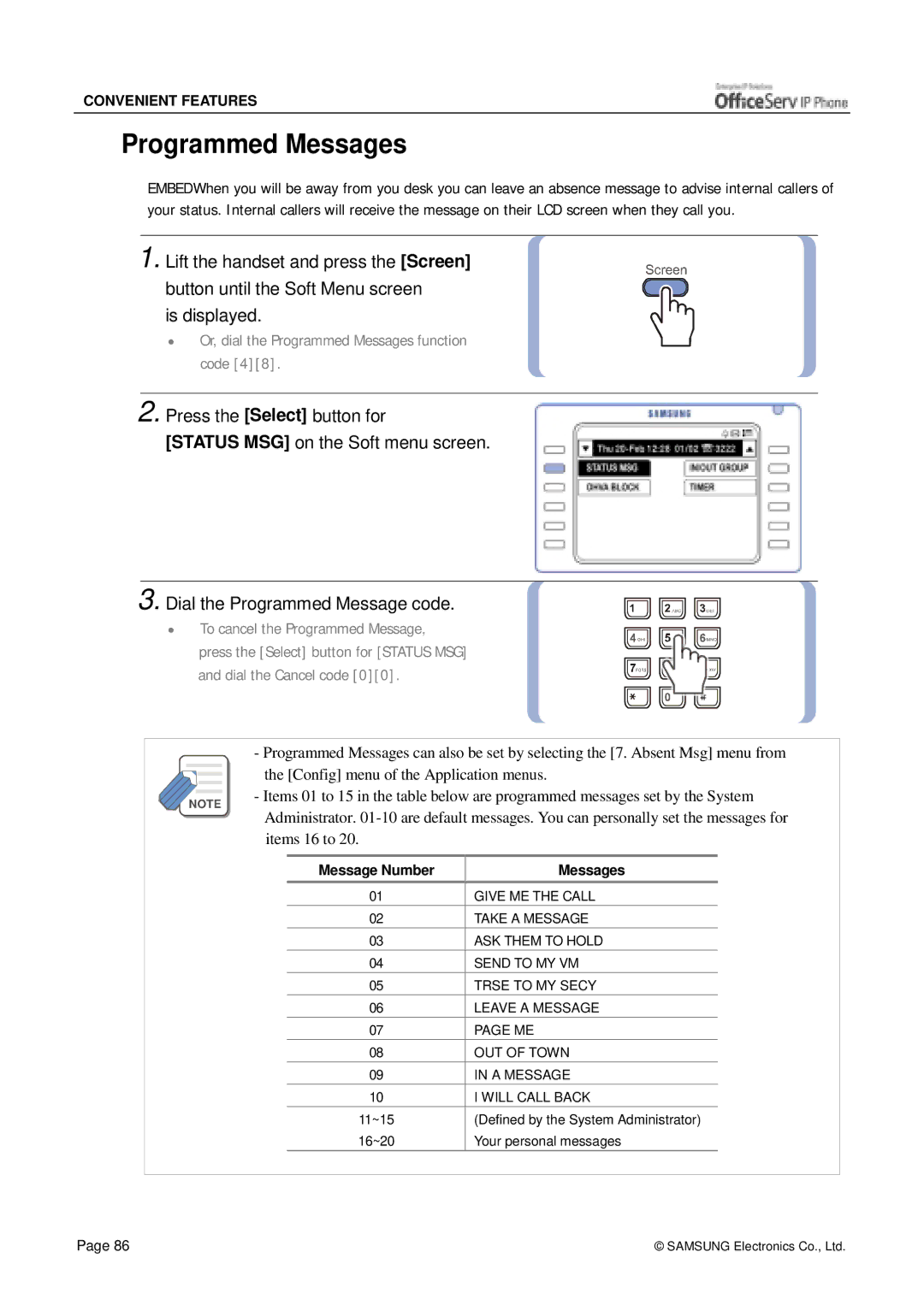 Siemens ITP-5012L manual Programmed Messages, Items 16 to 