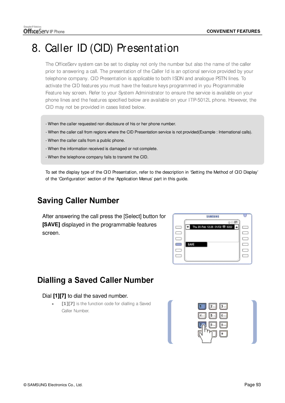 Siemens ITP-5012L manual Caller ID CID Presentation, Saving Caller Number, Dialling a Saved Caller Number 