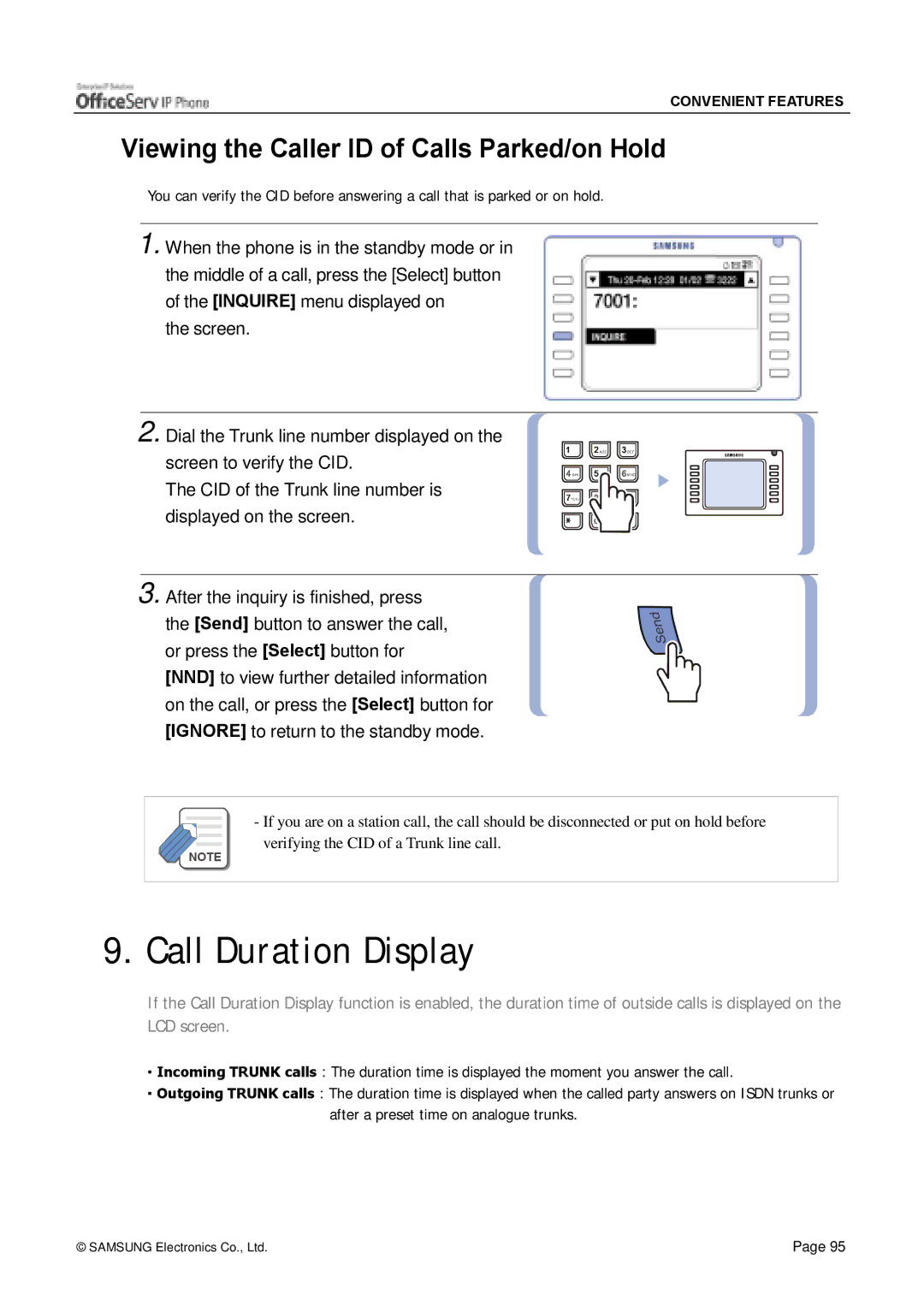 Siemens ITP-5012L manual Call Duration Display, Viewing the Caller ID of Calls Parked/on Hold 