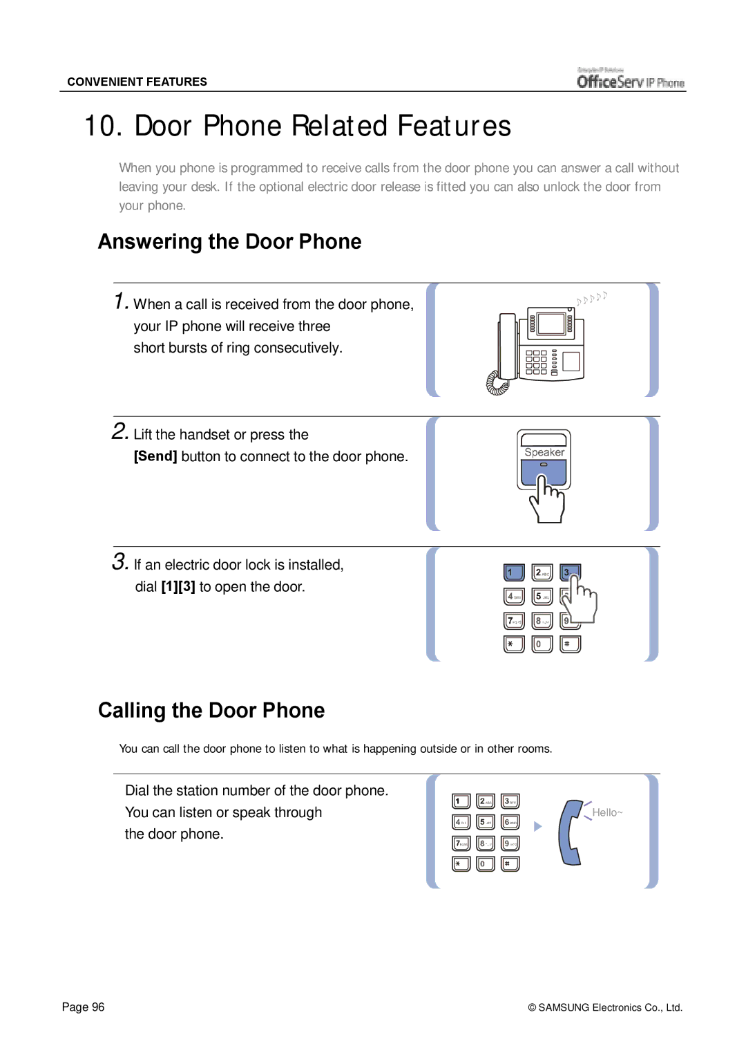 Siemens ITP-5012L manual Door Phone Related Features, Answering the Door Phone, Calling the Door Phone 