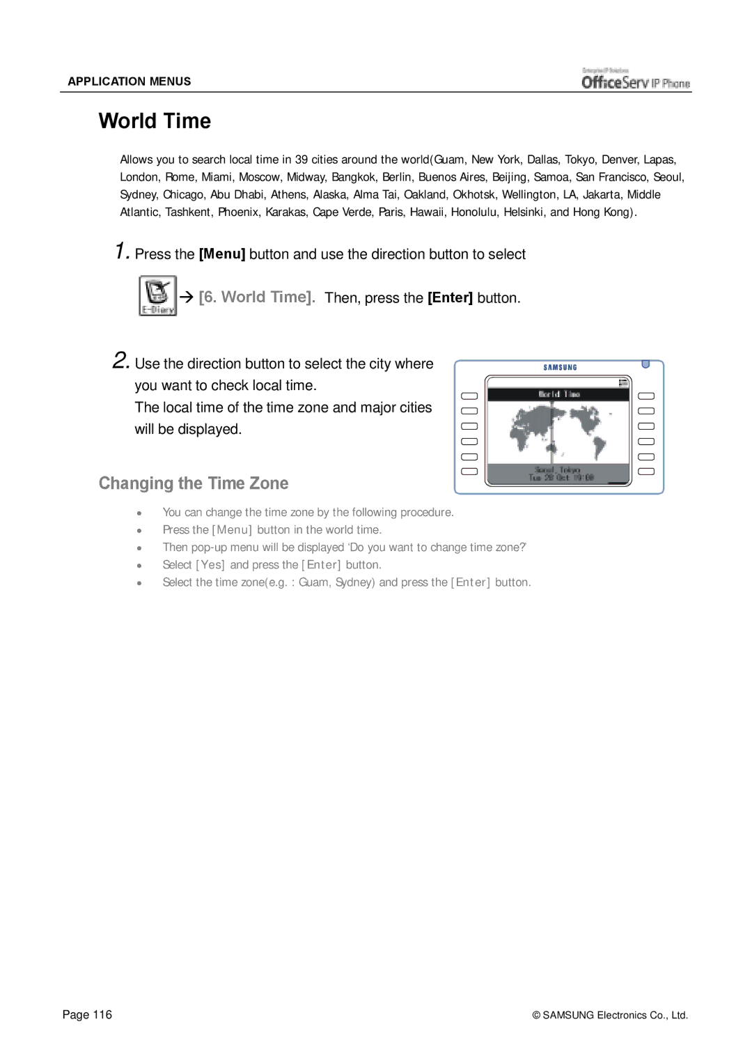 Siemens ITP-5012L manual World Time, Changing the Time Zone 