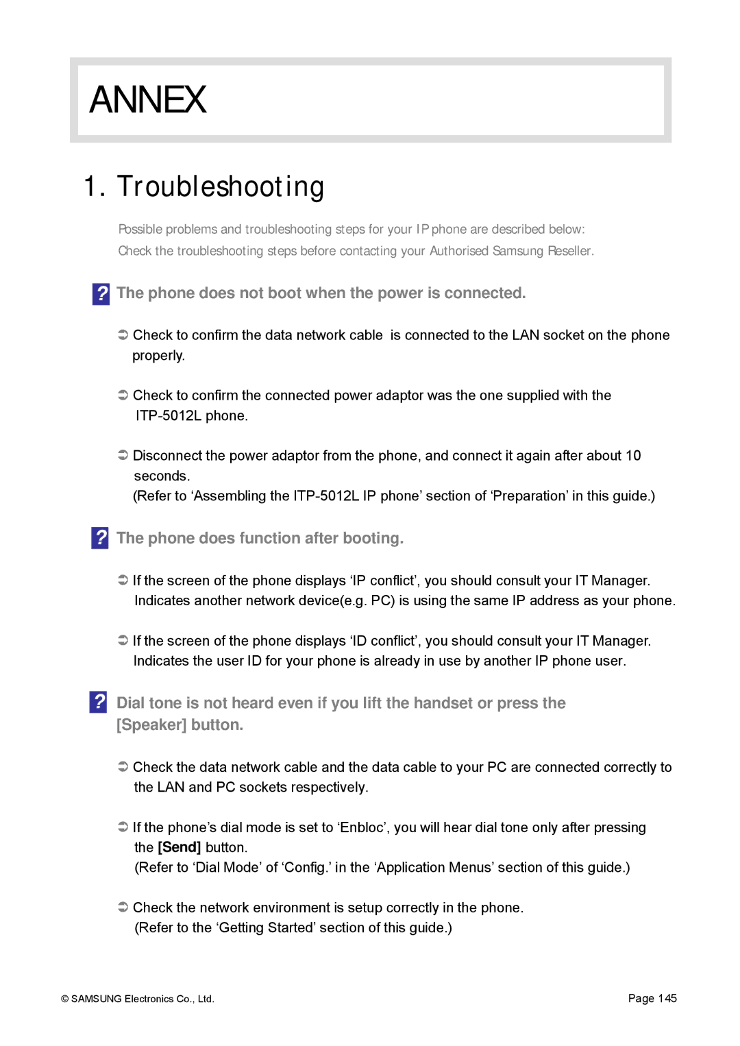 Siemens ITP-5012L manual Annex, Troubleshooting, ? The phone does not boot when the power is connected 