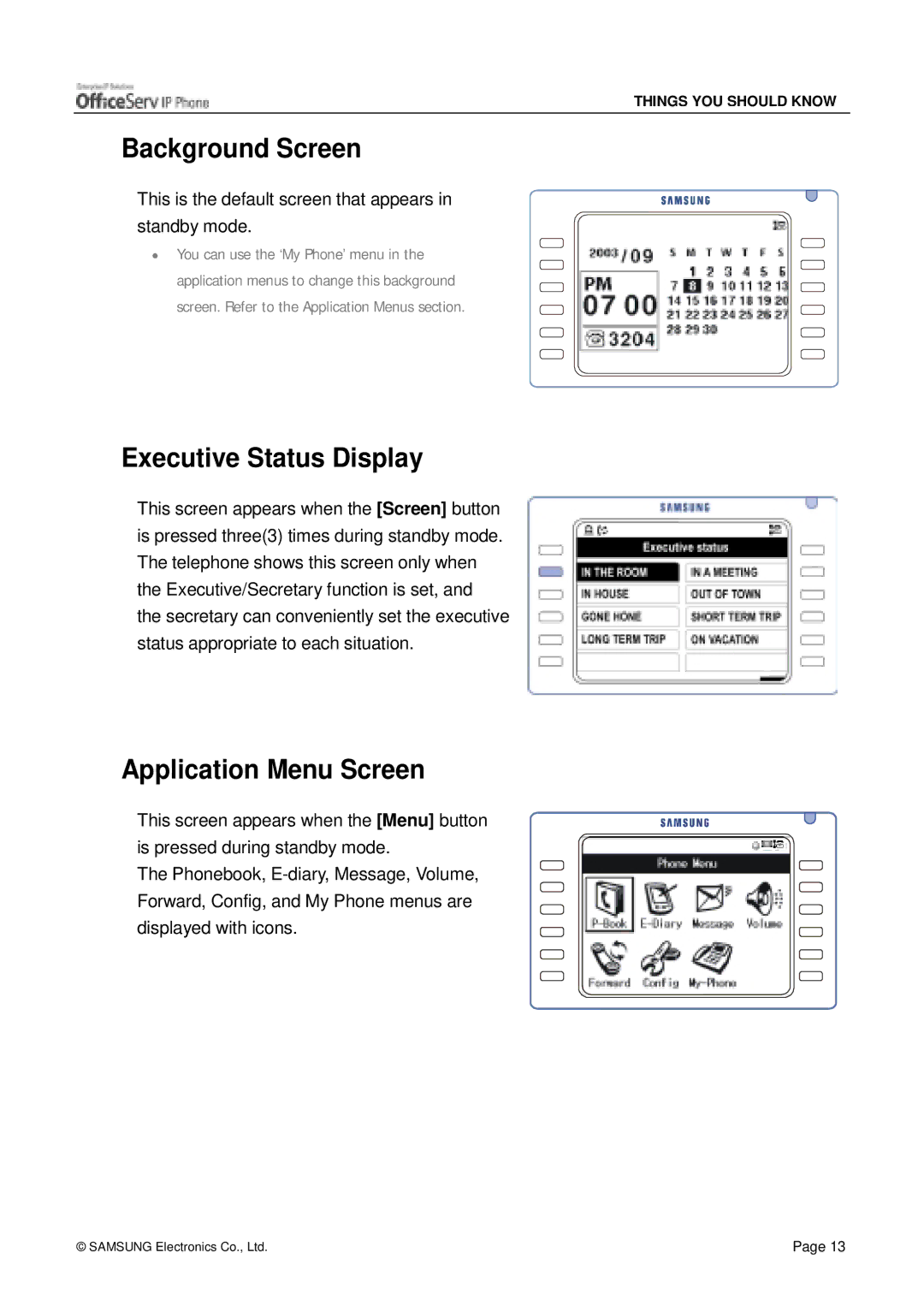 Siemens ITP-5012L manual Background Screen, Executive Status Display, Application Menu Screen 