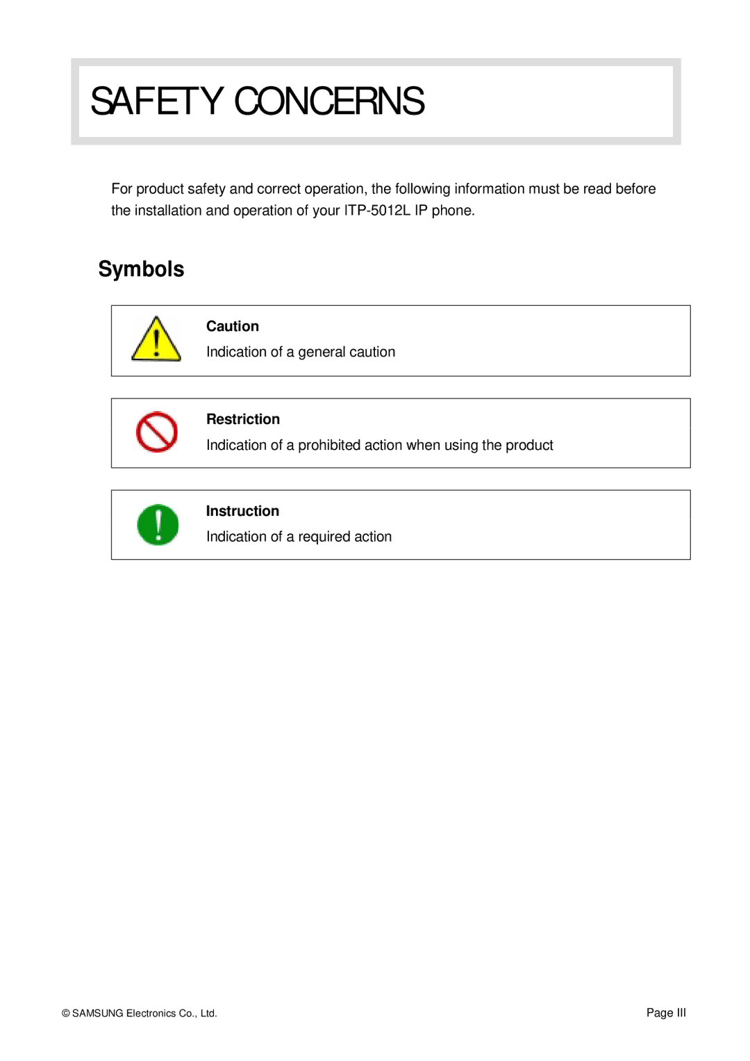 Siemens ITP-5012L manual Safety Concerns, Symbols 