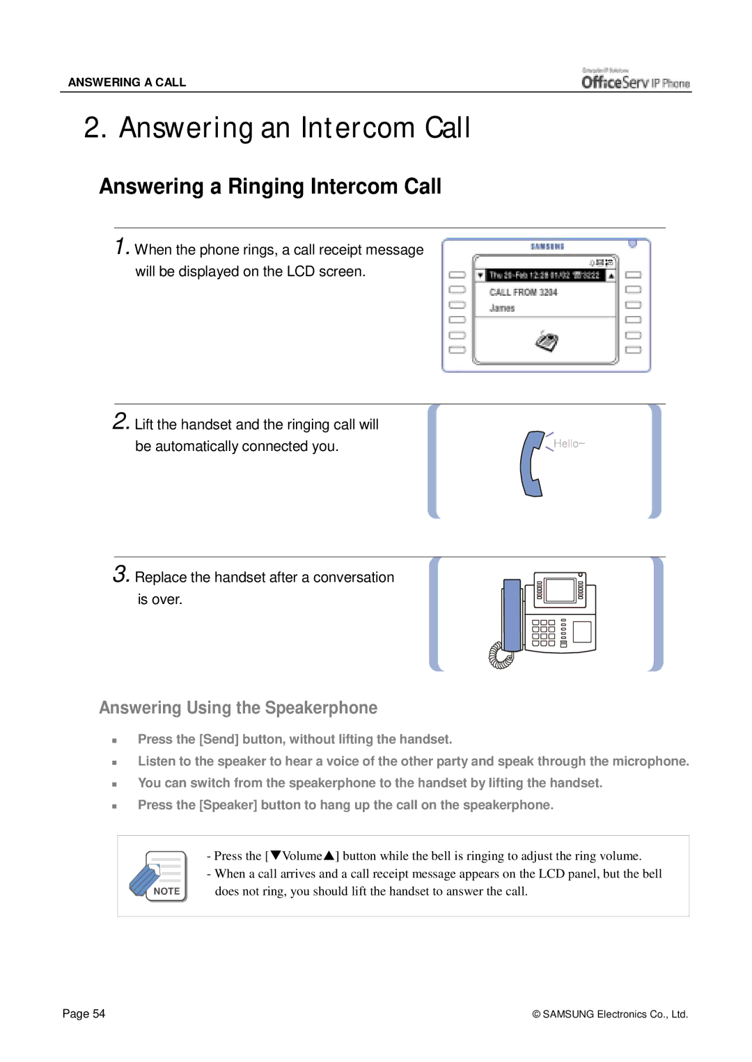 Siemens ITP-5012L manual Answering an Intercom Call, Answering a Ringing Intercom Call, Answering Using the Speakerphone 