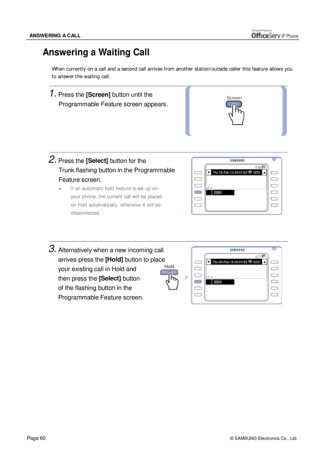 Siemens ITP-5012L manual Answering a Waiting Call 