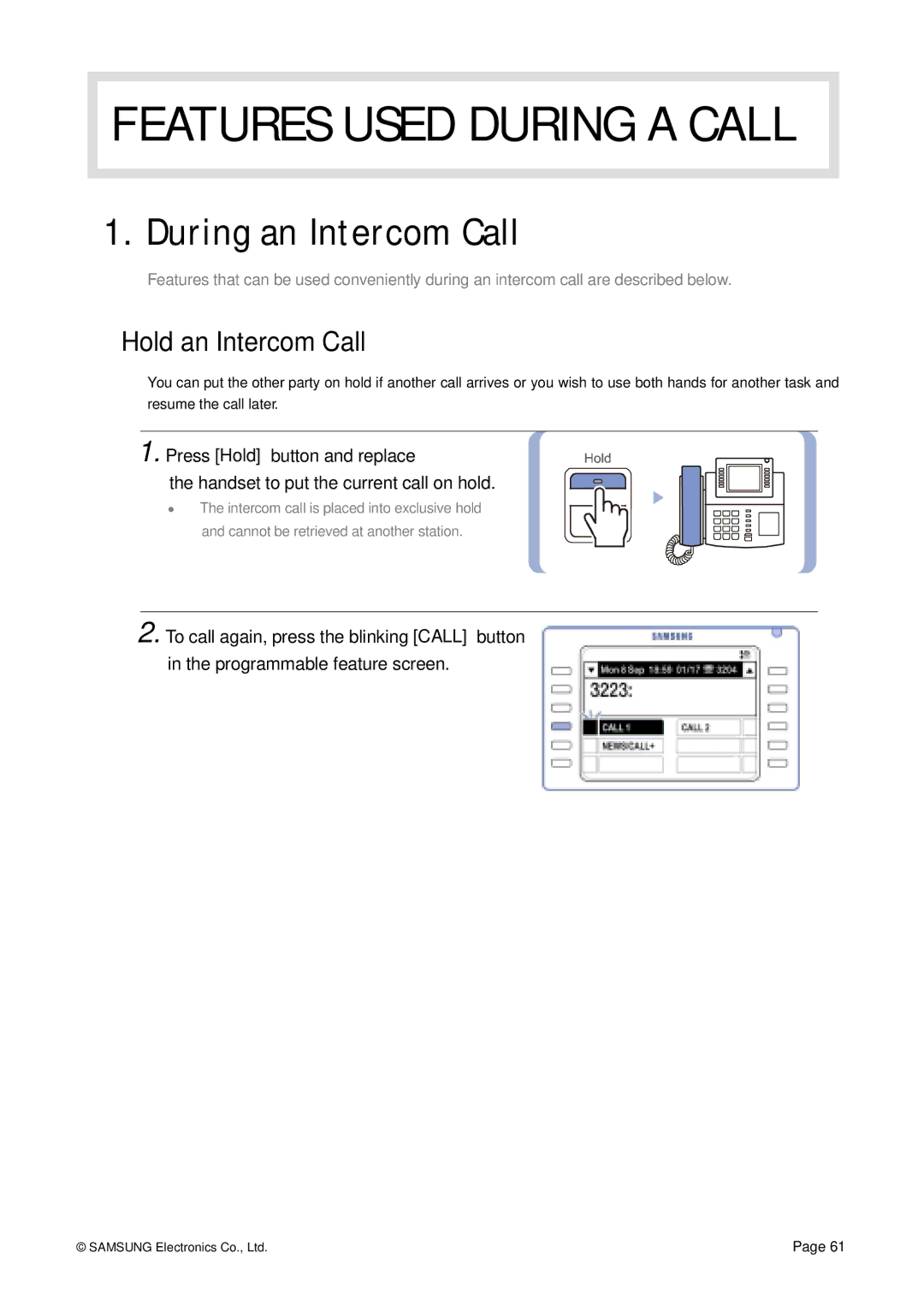 Siemens ITP-5012L manual Features Used During a Call, During an Intercom Call, Hold an Intercom Call 