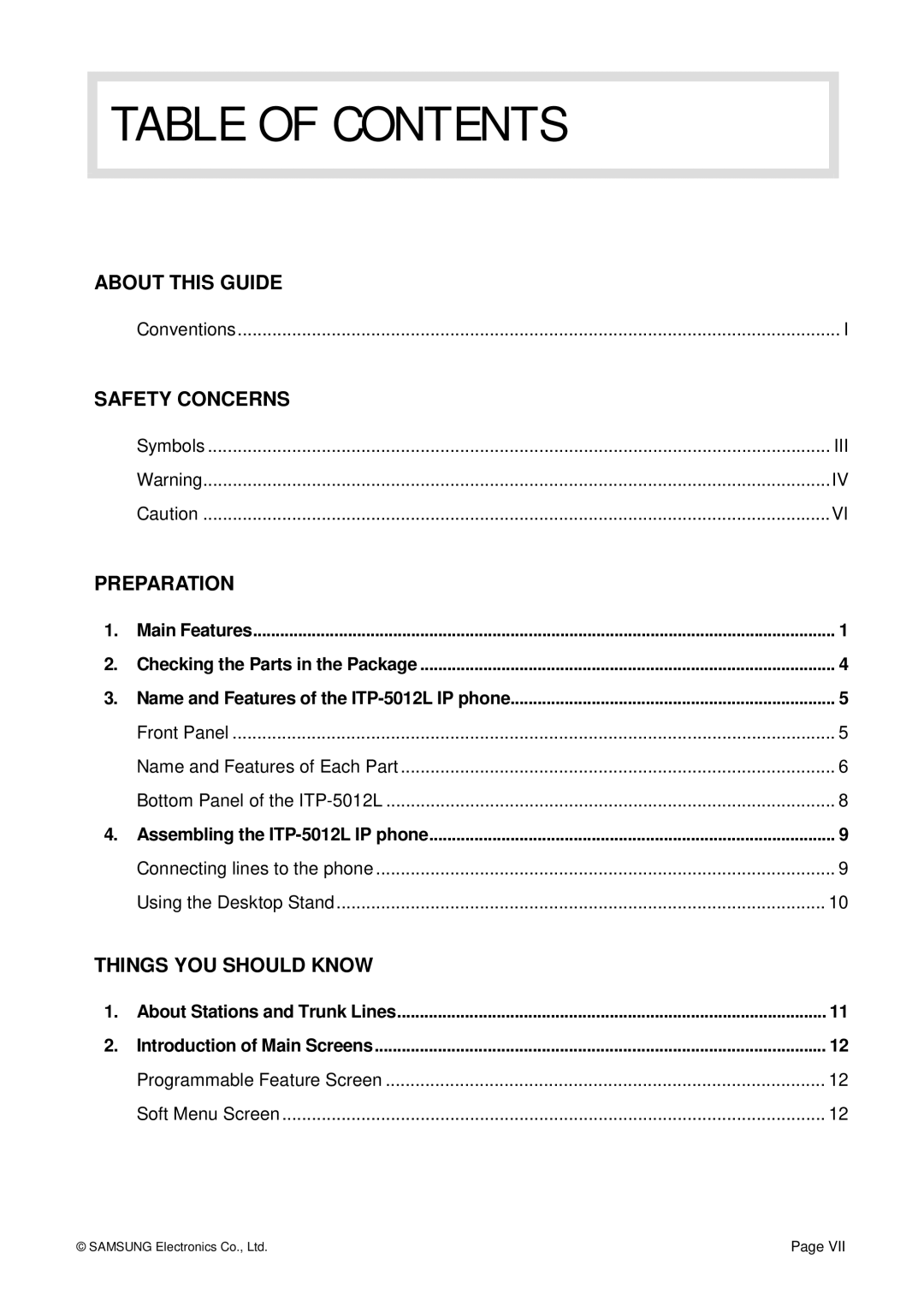 Siemens ITP-5012L manual Table of Contents 