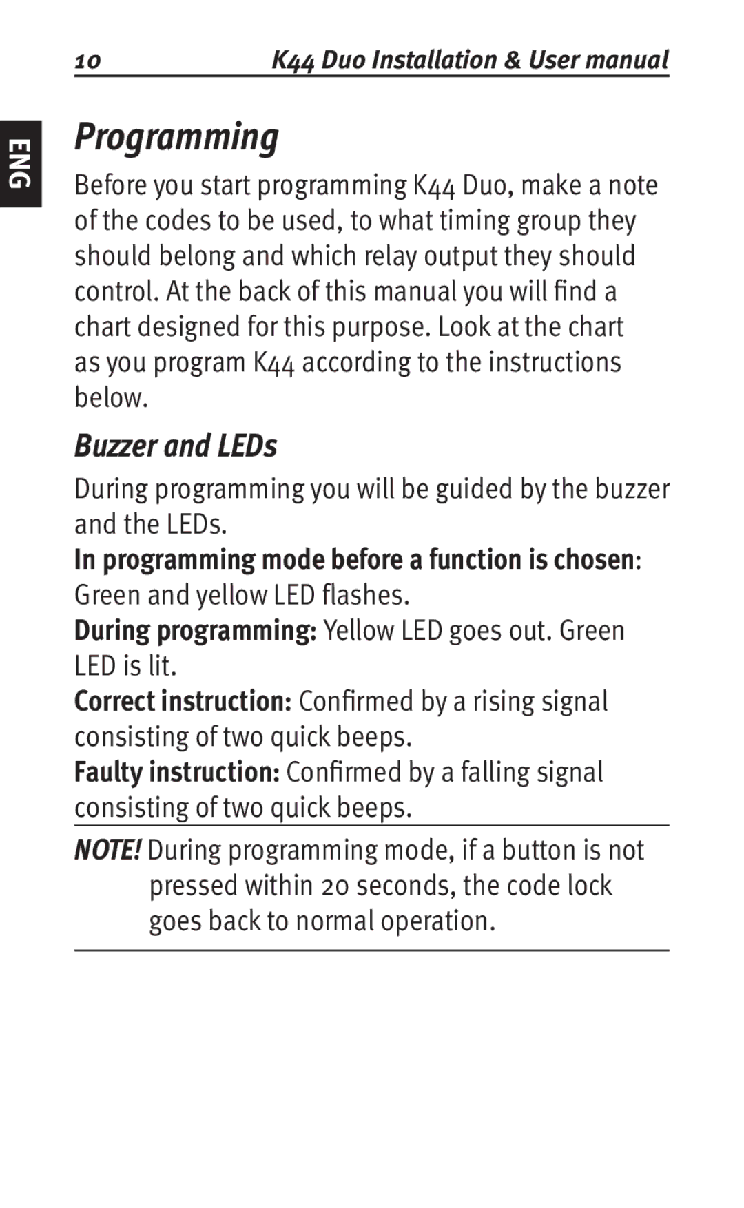 Siemens K44 user manual Programming, Buzzer and LEDs 