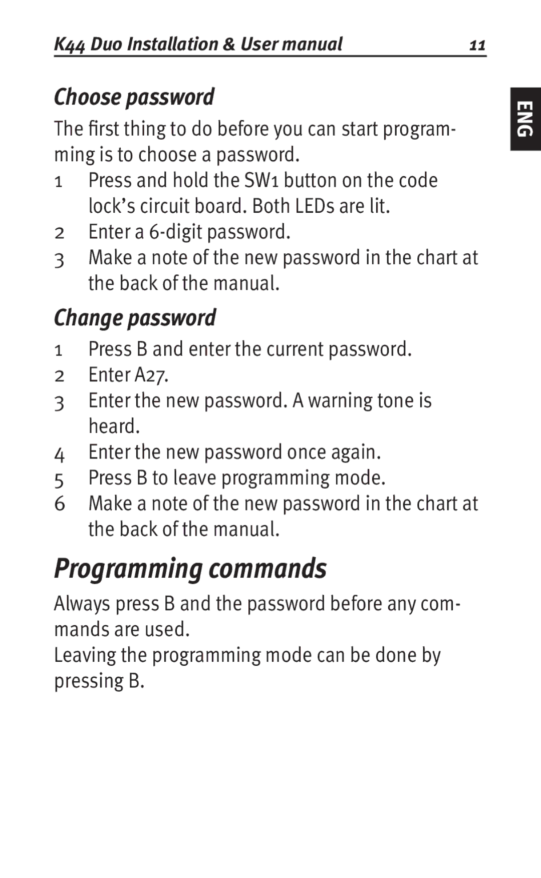 Siemens K44 user manual Programming commands, Choose password, Change password 