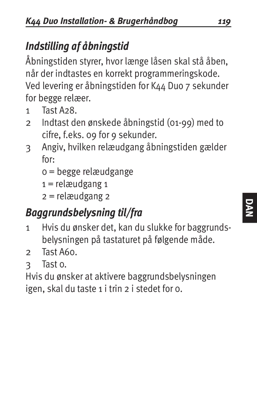 Siemens K44 user manual Indstilling af åbningstid, Baggrundsbelysning til/fra, 119 