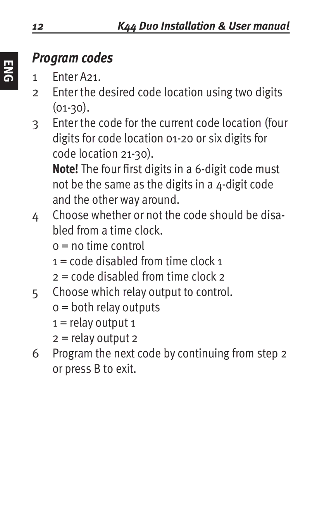 Siemens K44 user manual Program codes 