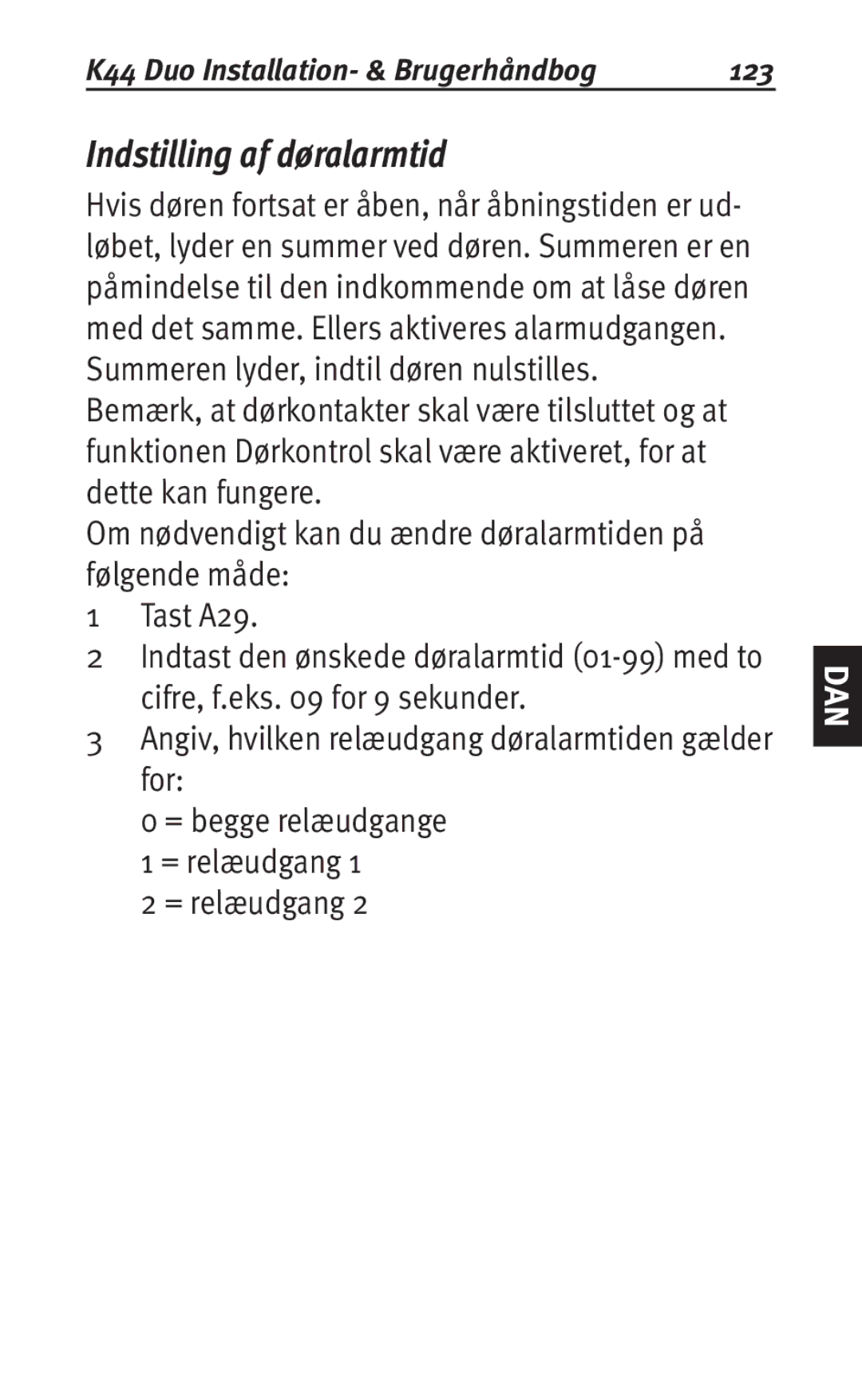 Siemens K44 user manual Indstilling af døralarmtid, 123 