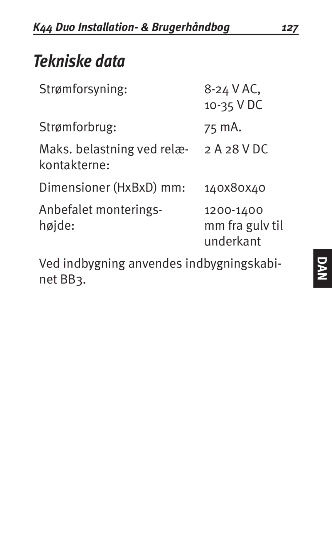 Siemens K44 user manual Tekniske data, 127 